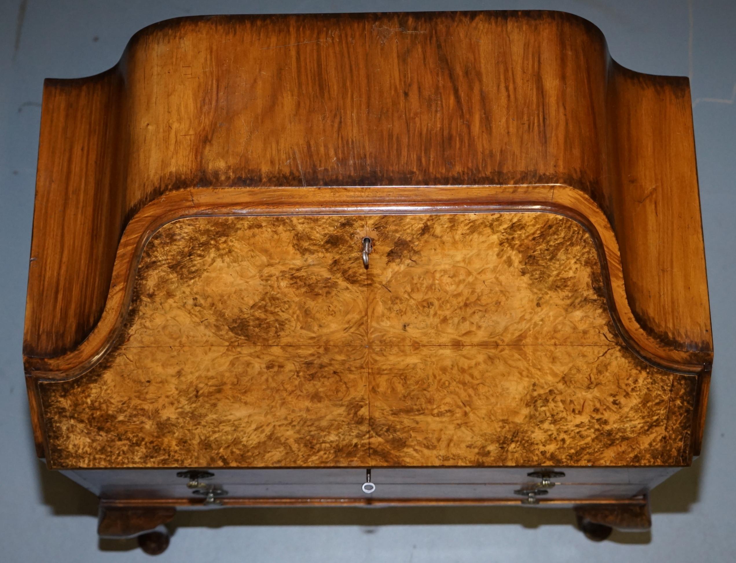 Stunning Serpentine Top circa 1930s Burr Walnut Writing Bureau Brown Leather 2