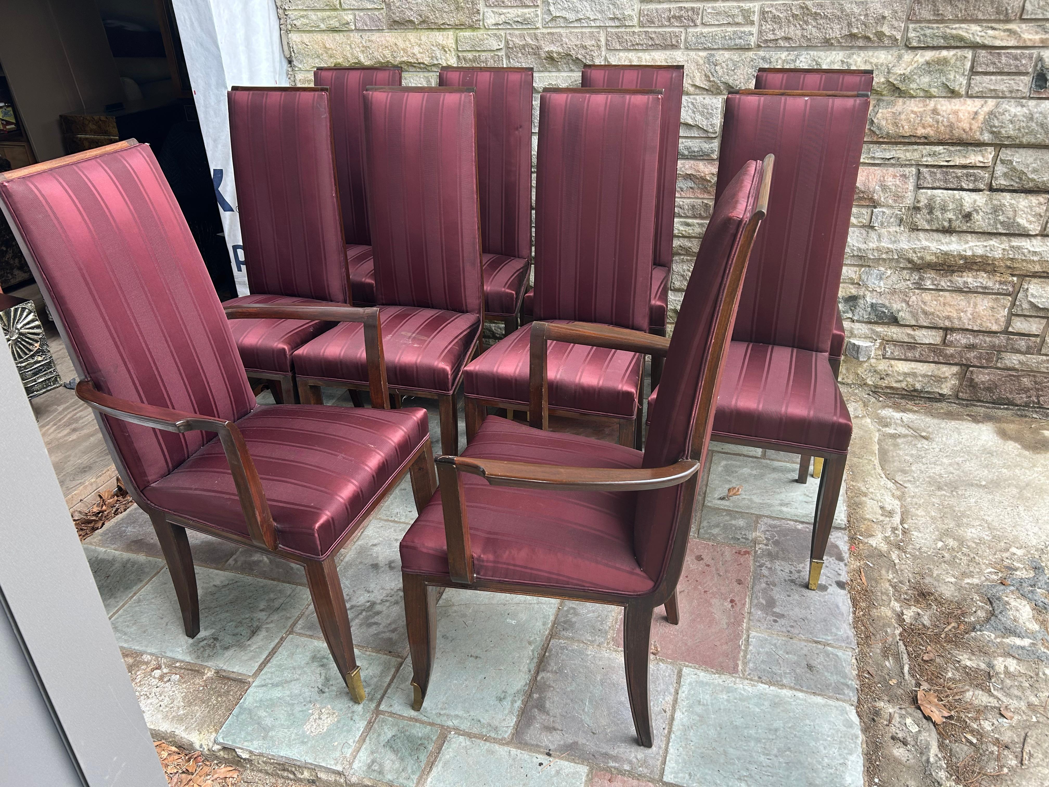 Stunning Set 10 Jean Pascaud French Mahogany Upholstered Chairs Bronze Sabots For Sale 7