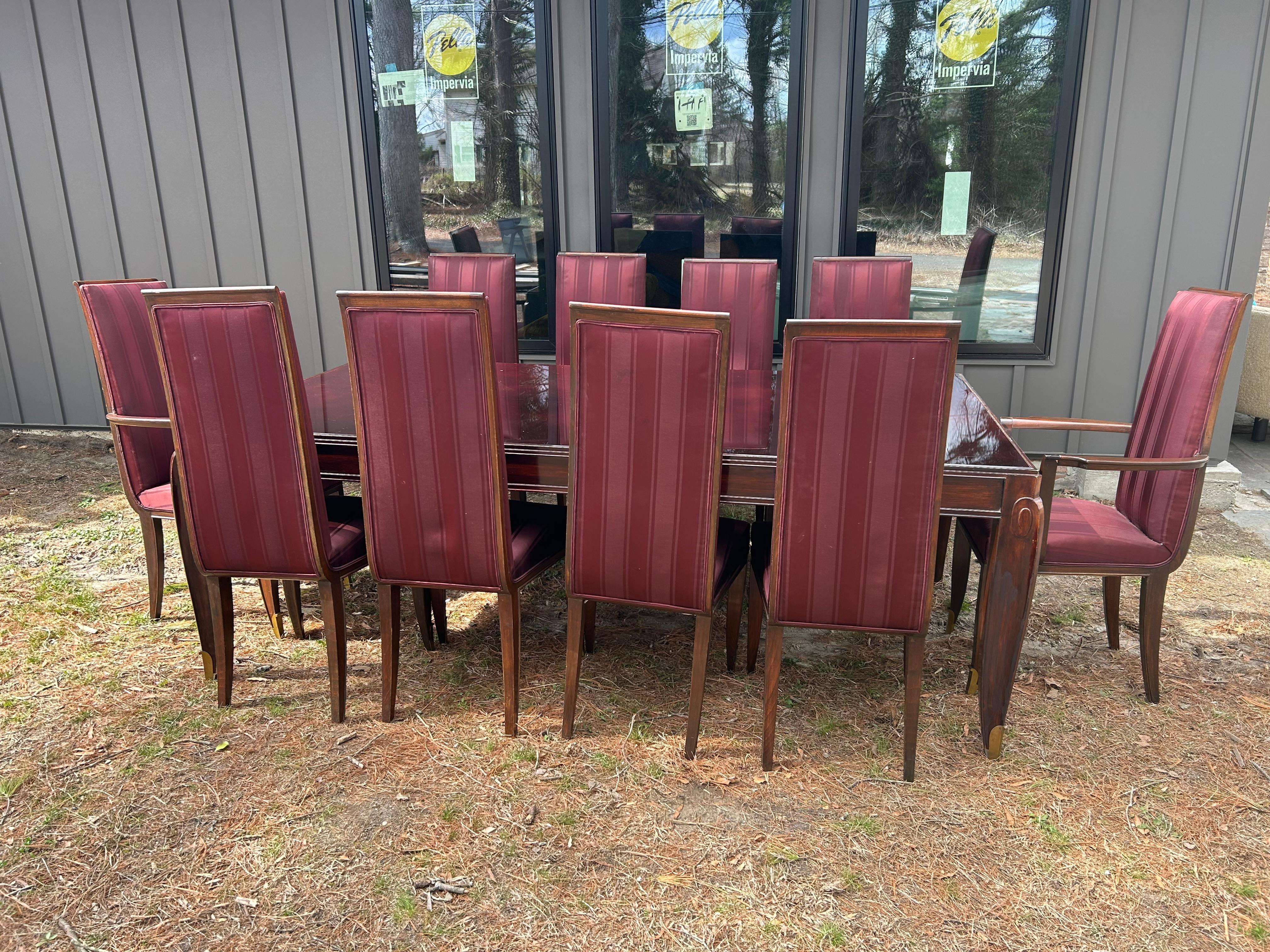 Art Deco Stunning Set 10 Jean Pascaud French Mahogany Upholstered Chairs Bronze Sabots For Sale