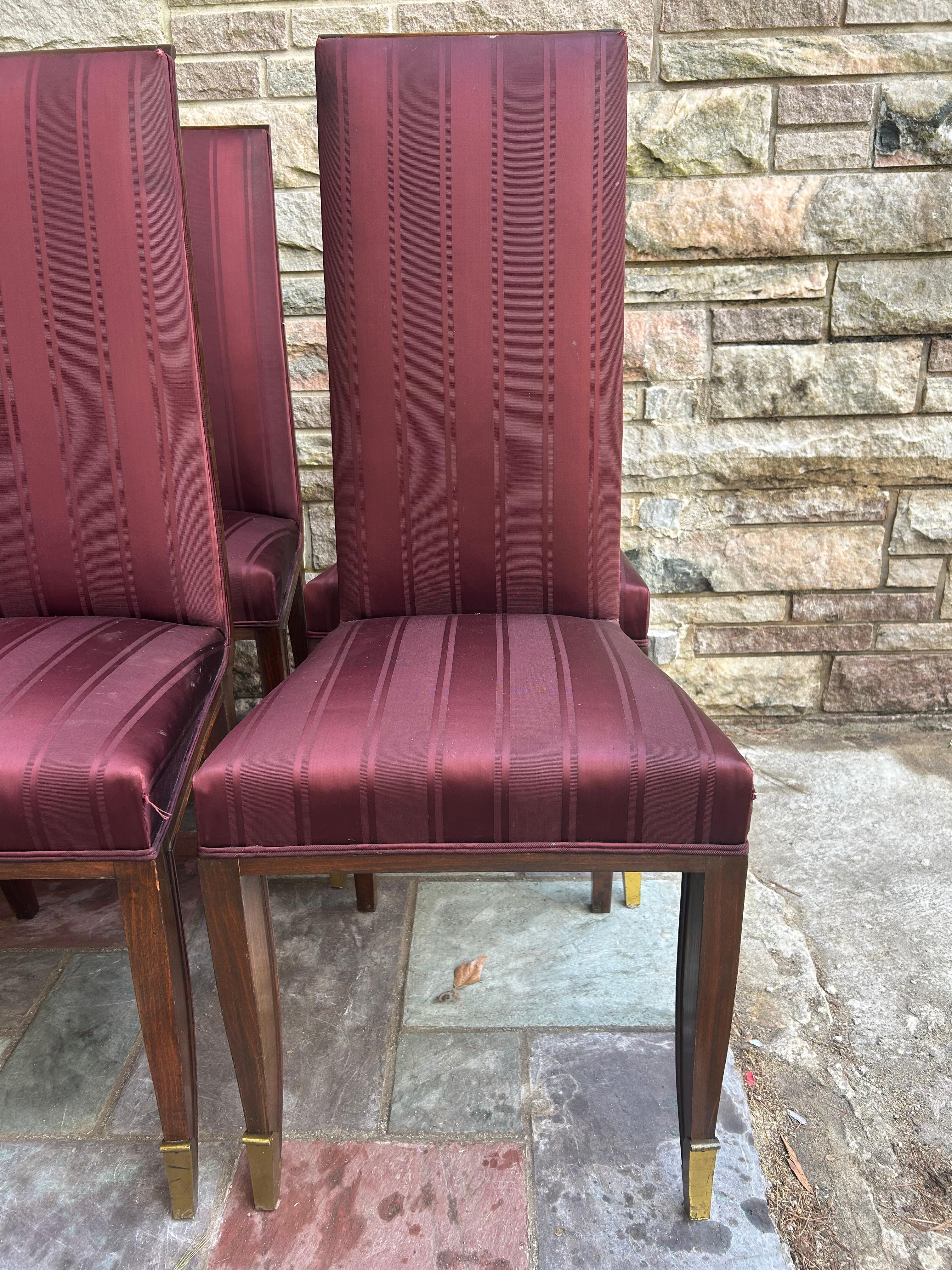 Stunning Set 10 Jean Pascaud French Mahogany Upholstered Chairs Bronze Sabots In Good Condition For Sale In Pemberton, NJ