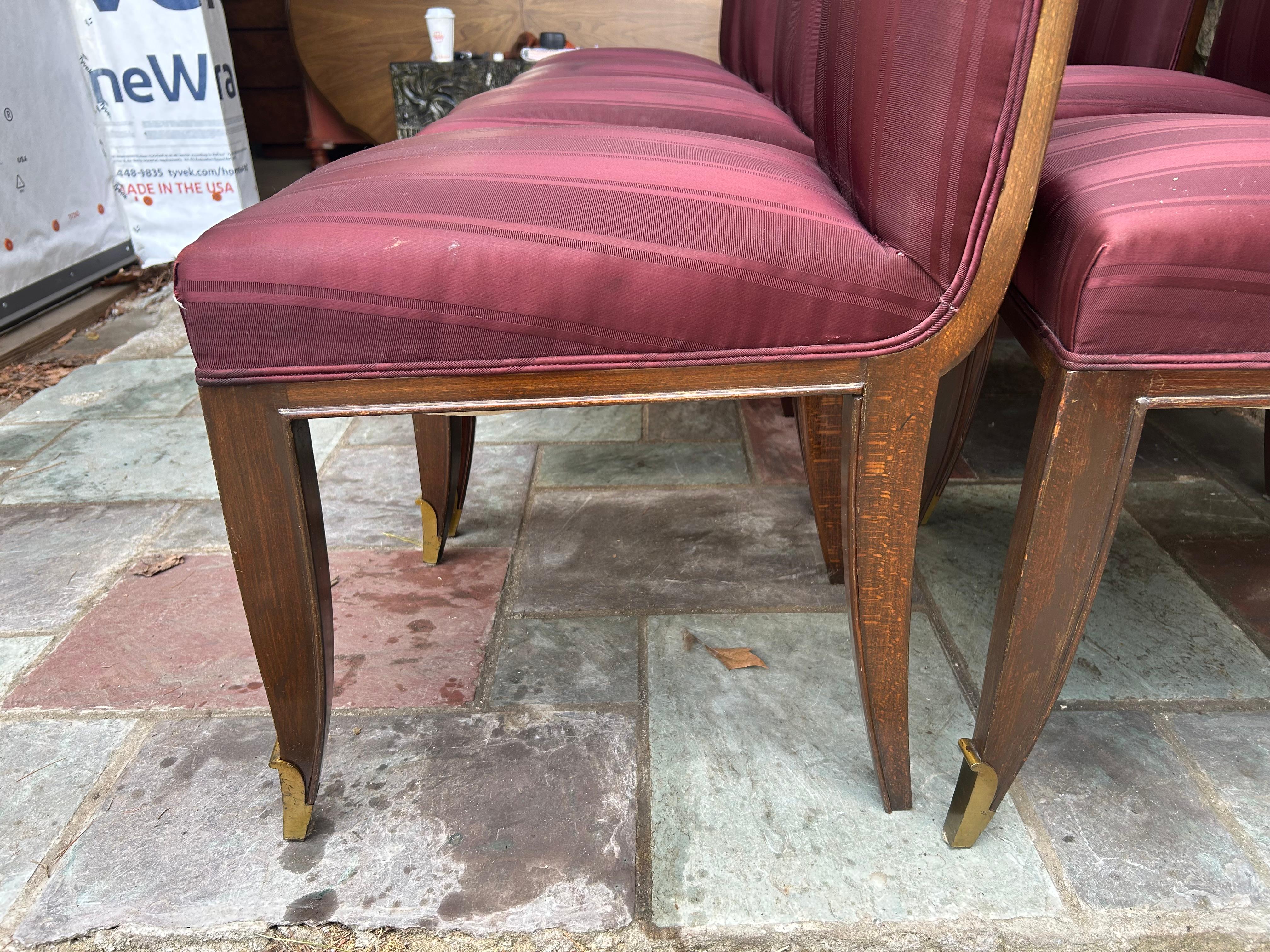 Mid-20th Century Stunning Set 10 Jean Pascaud French Mahogany Upholstered Chairs Bronze Sabots For Sale