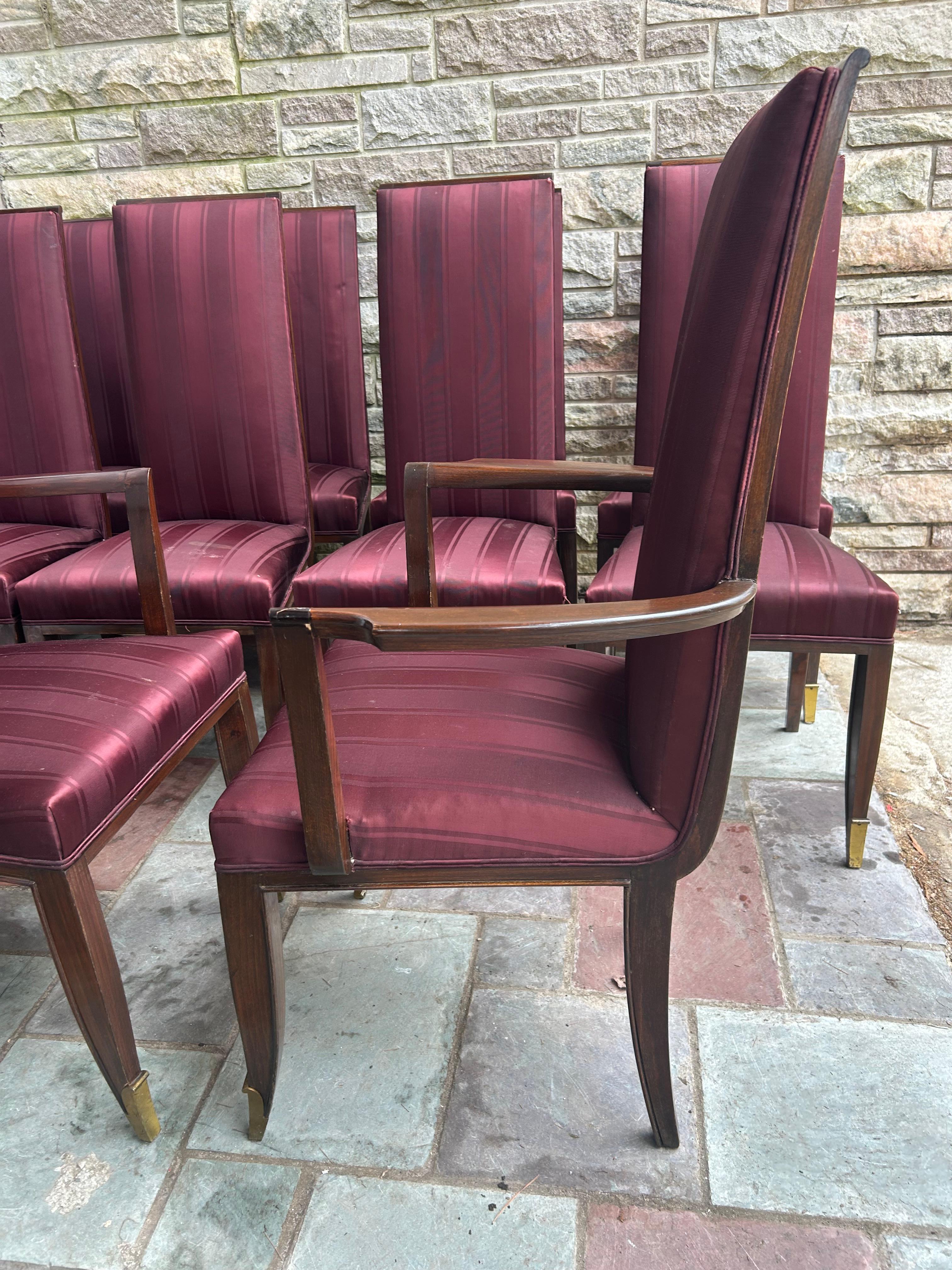 Stunning Set 10 Jean Pascaud French Mahogany Upholstered Chairs Bronze Sabots For Sale 1