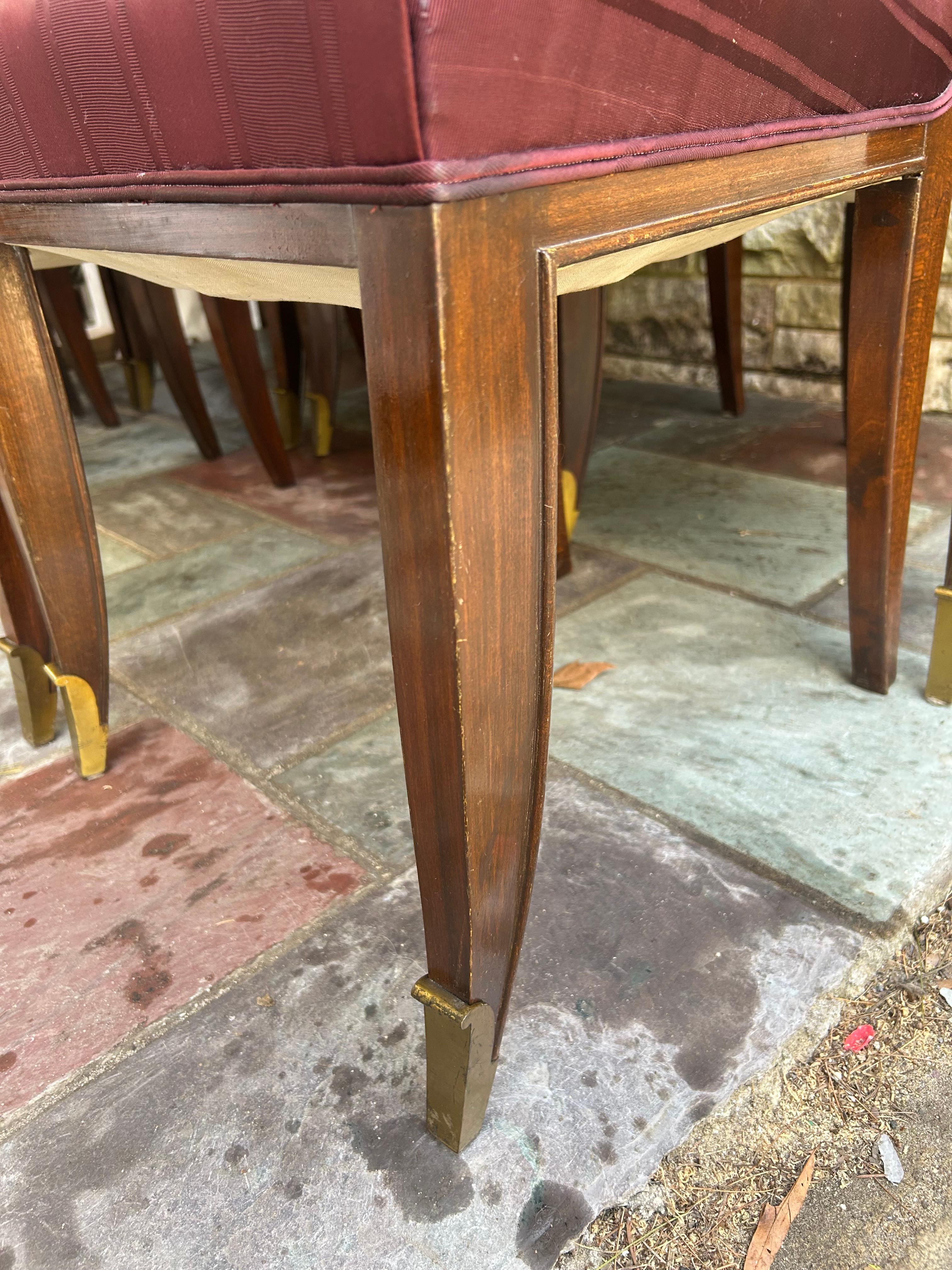 Stunning Set 10 Jean Pascaud French Mahogany Upholstered Chairs Bronze Sabots For Sale 2