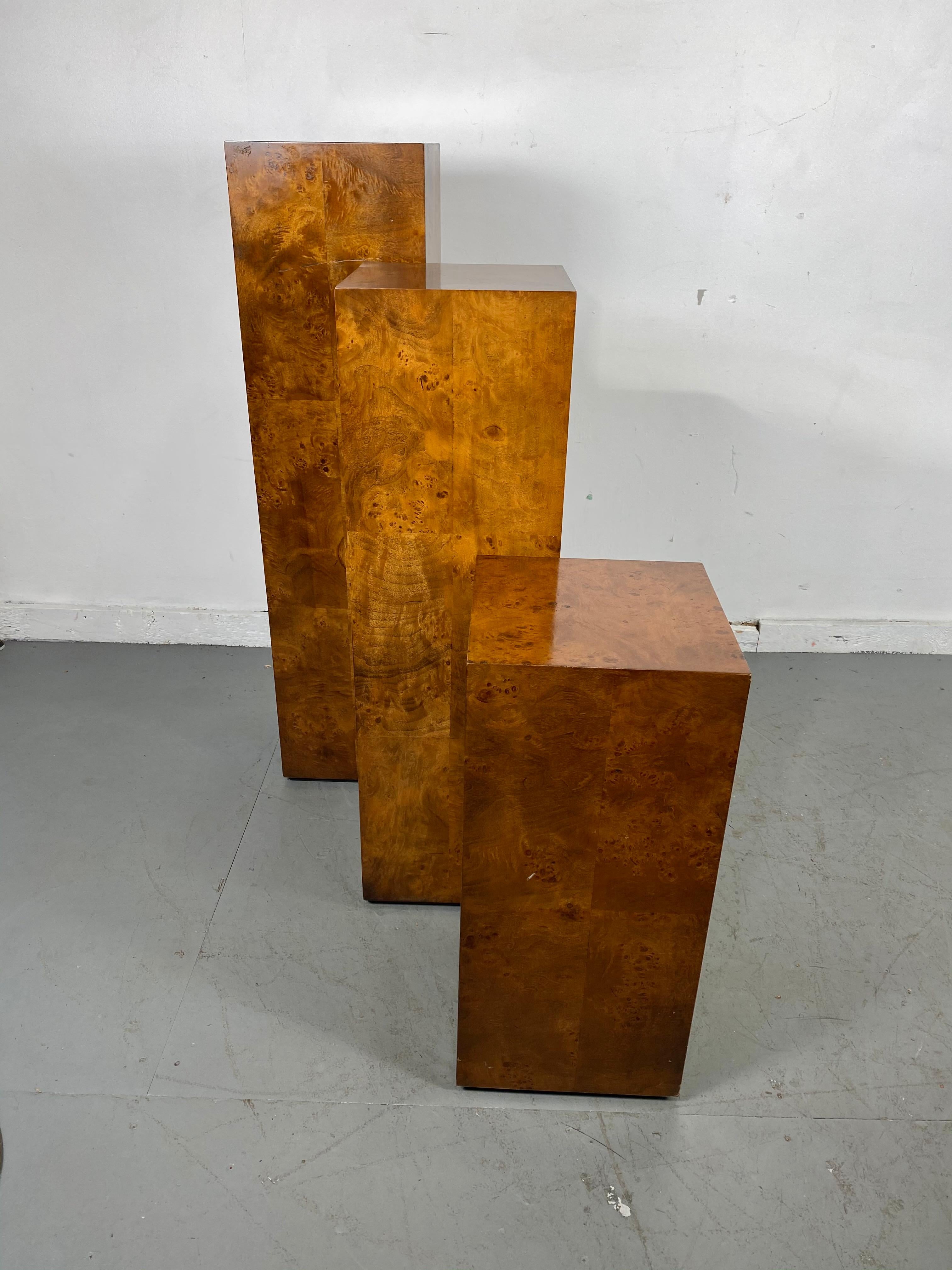 Stunning Set 3 Burl Patchwork Olive Wood Pedestals / Modernist In Good Condition In Buffalo, NY