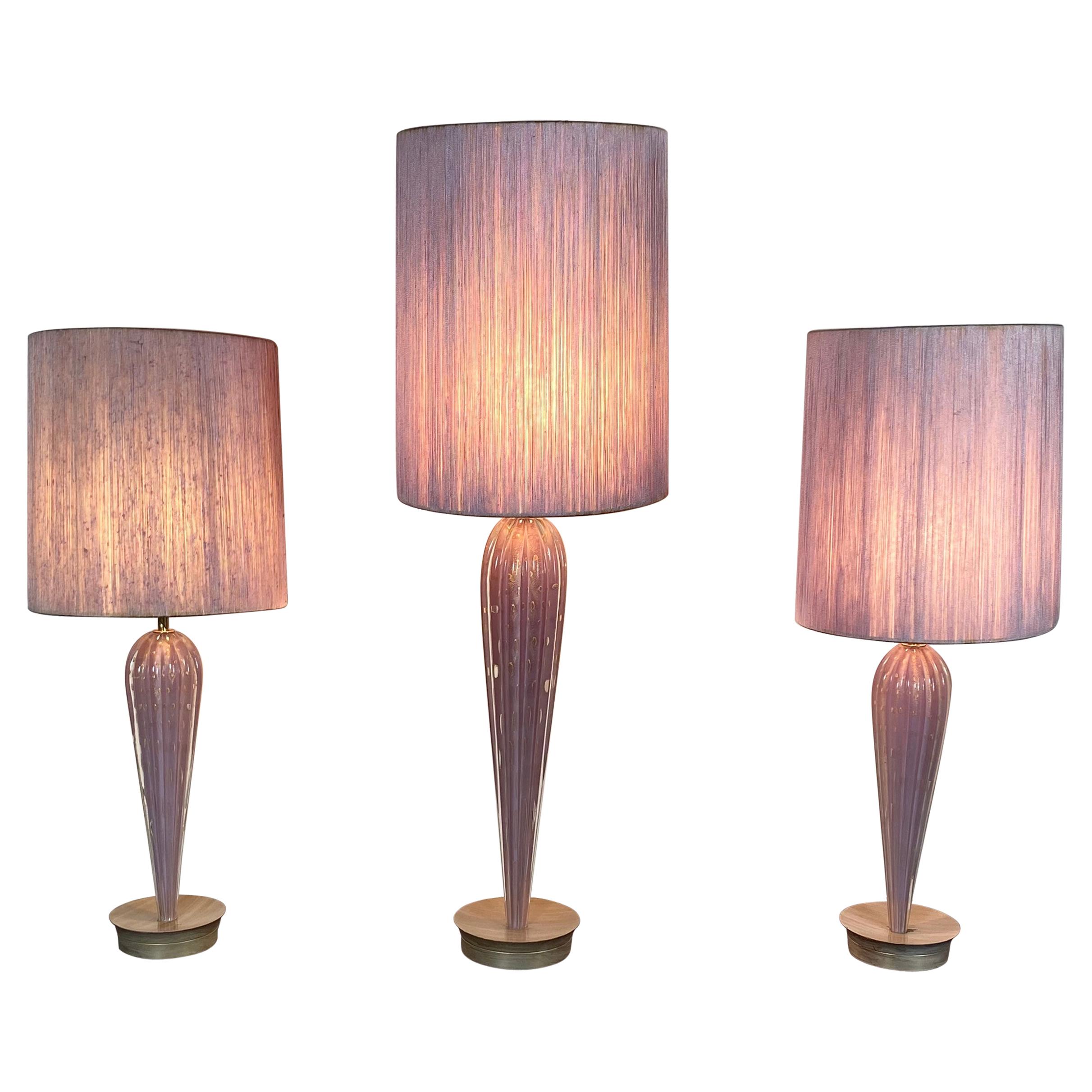 Stunning Set 3 Modernist Murano Lamps, by Seguso, Lavender, Original Shades