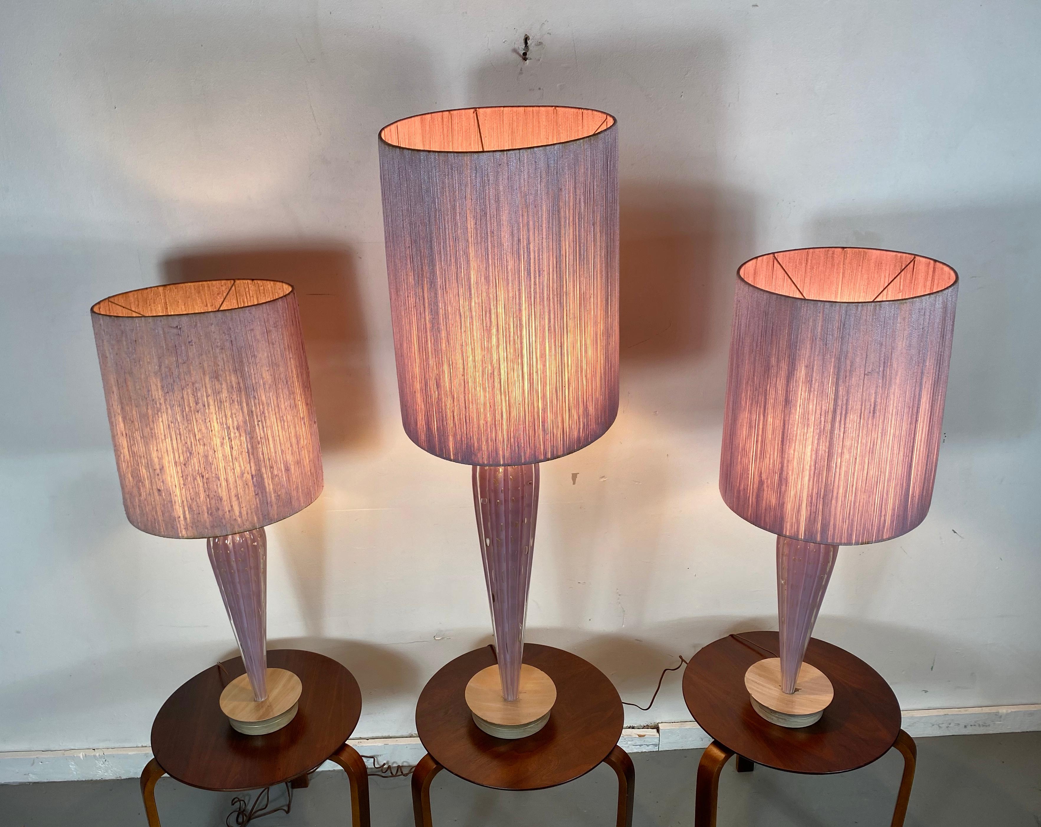 Stunning Set 3 Modernist Murano Lamps, by Seguso, Lavender, Original Shades 2