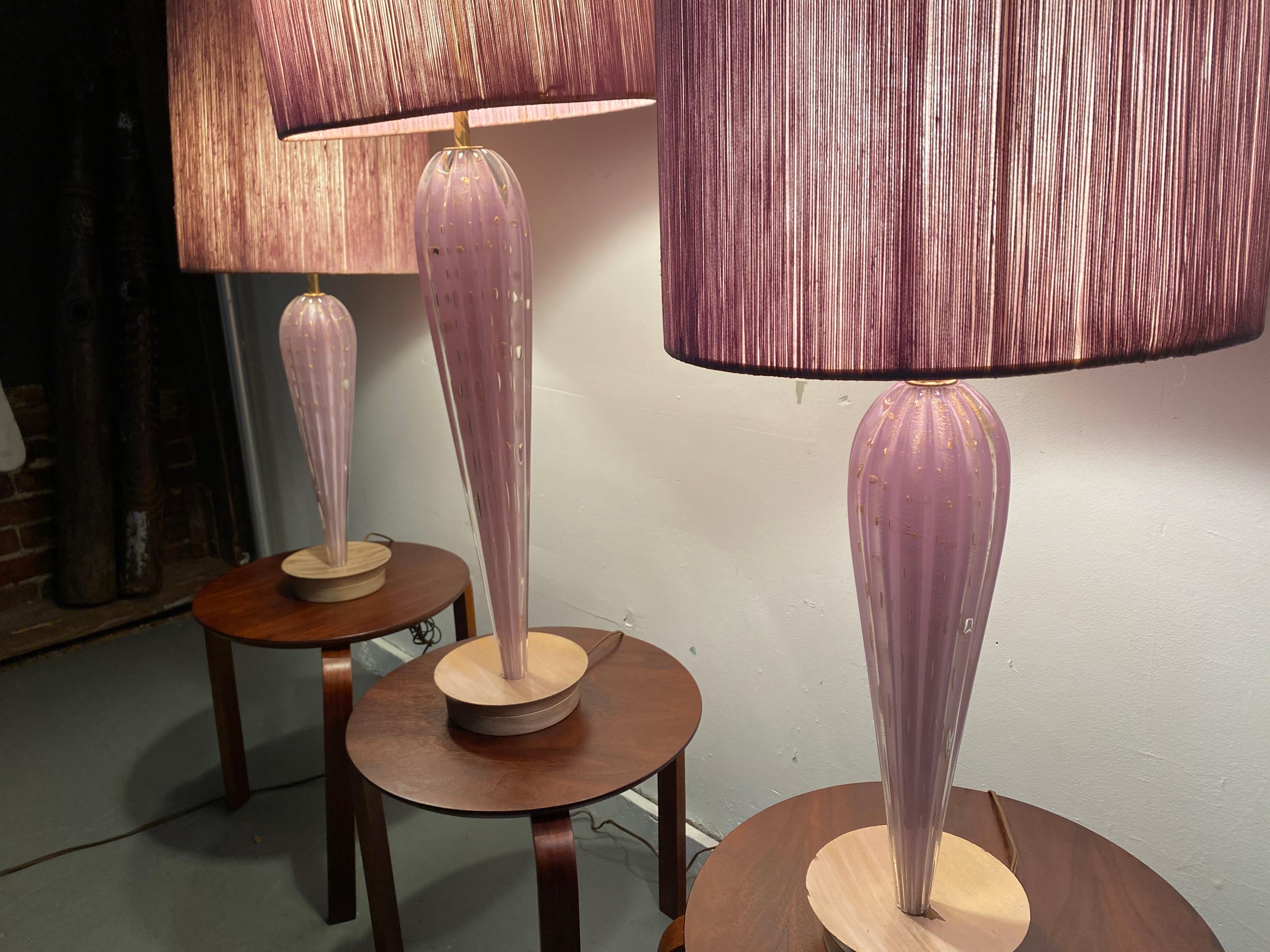 Stunning Set 3 Modernist Murano Lamps, by Seguso, Lavender, Original Shades 3