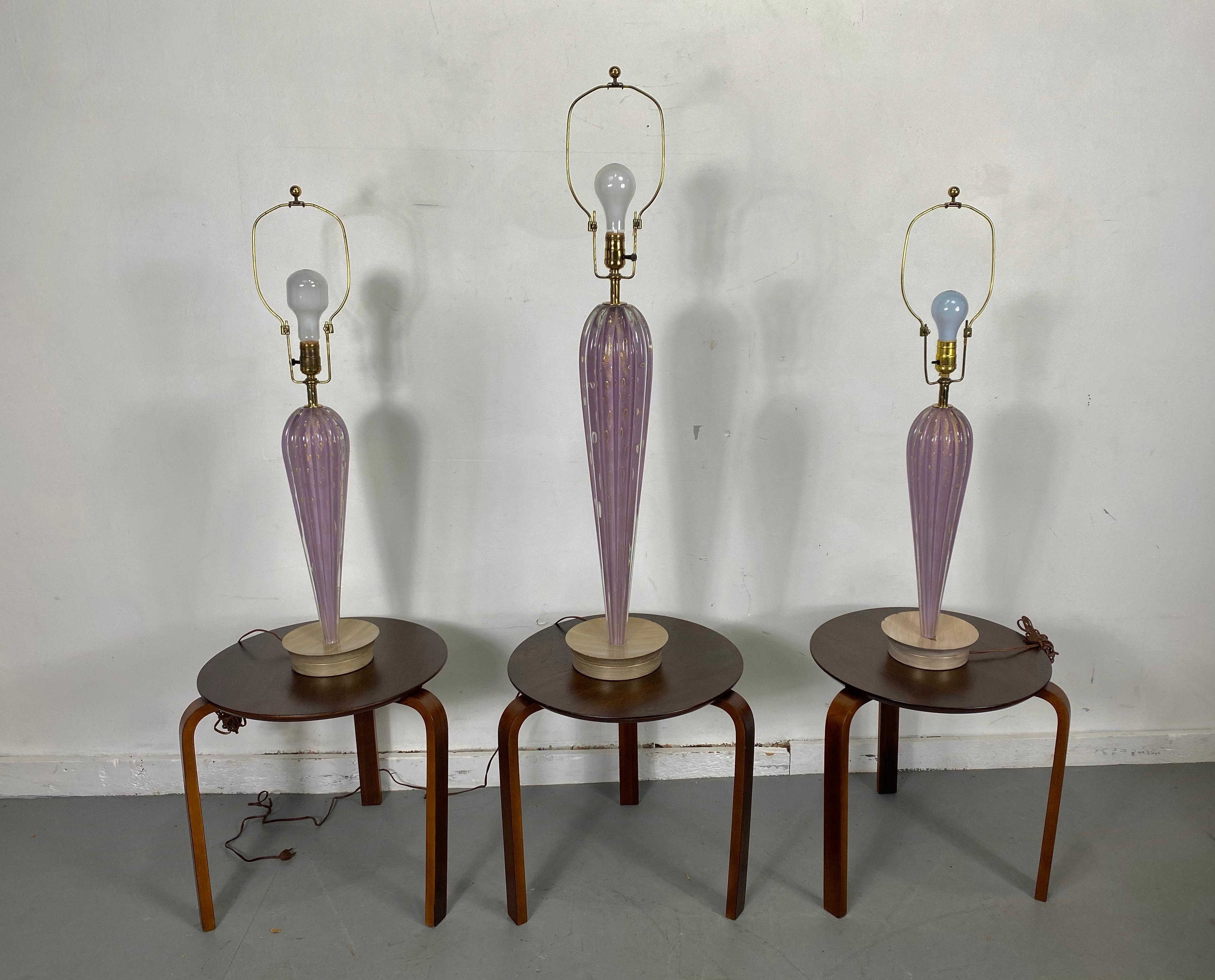 Mid-Century Modern Stunning Set 3 Modernist Murano Lamps, by Seguso, Lavender, Original Shades