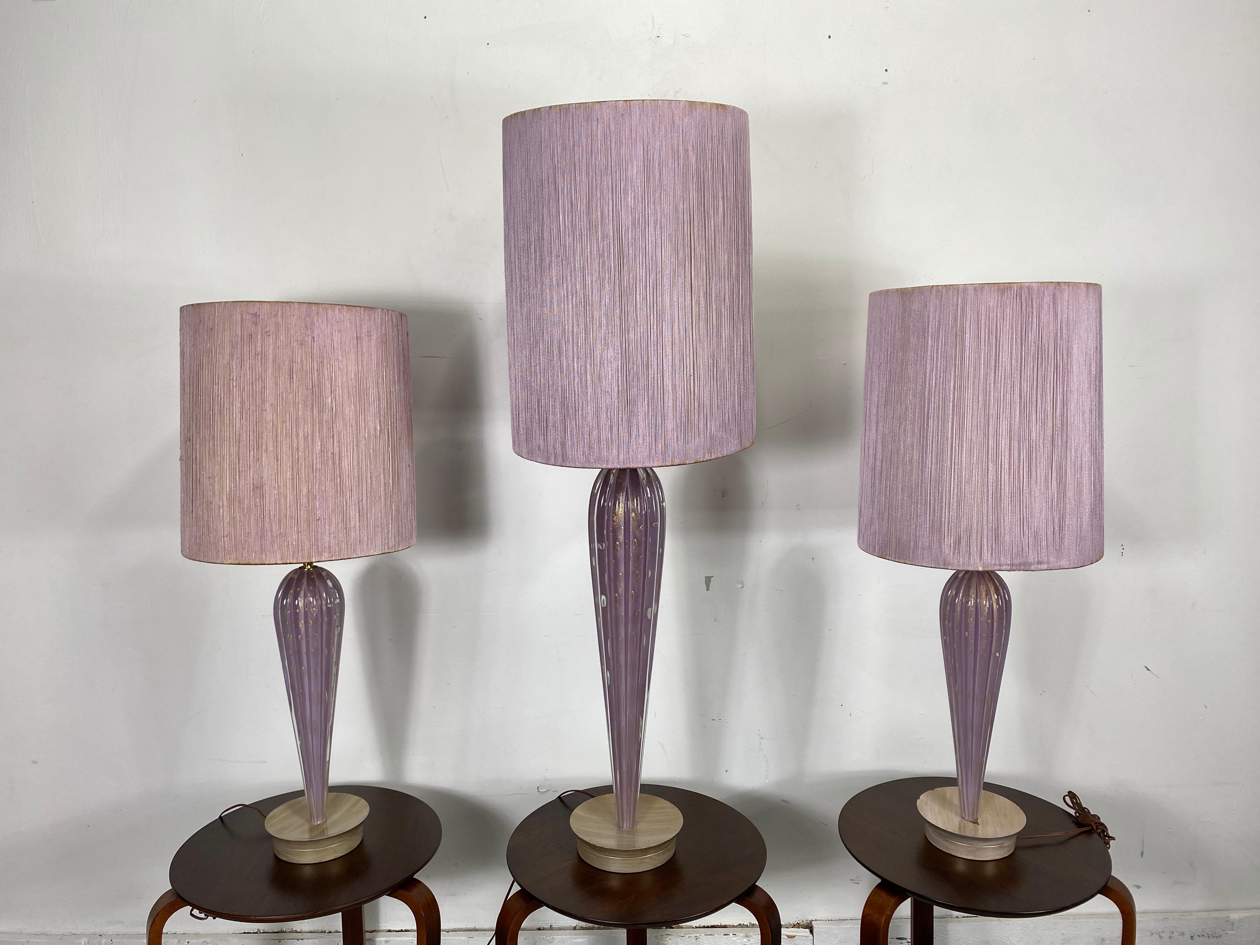 Hand-Crafted Stunning Set 3 Modernist Murano Lamps, by Seguso, Lavender, Original Shades