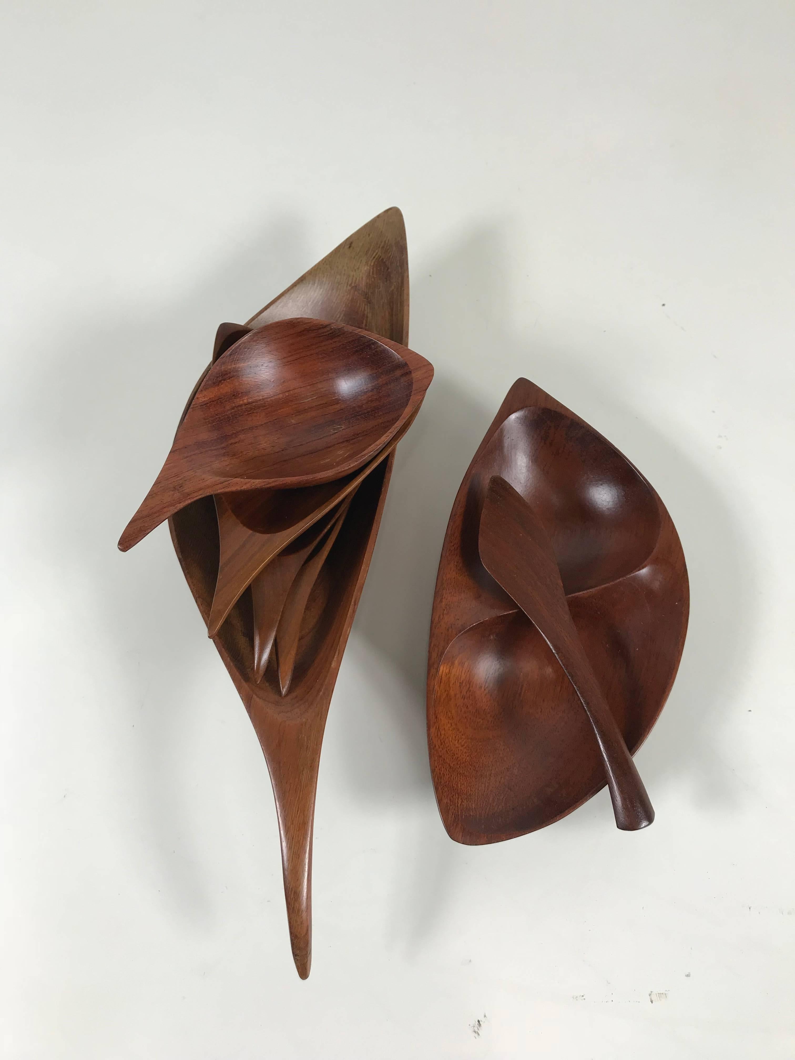 Stunning set of six Emil Milan Studio carved bowls, spoon, Emil Milan. Like his contemporaries Wharton Esherick and George Nakashima, Milan’s primary practice revolved around his finely crafted functional sculptures, giving familiar forms and