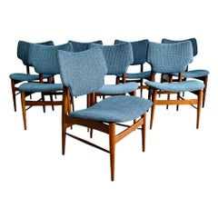 Superbe ensemble de 8 chaises de salle à manger danoises modernes en noyer et sièges flottants