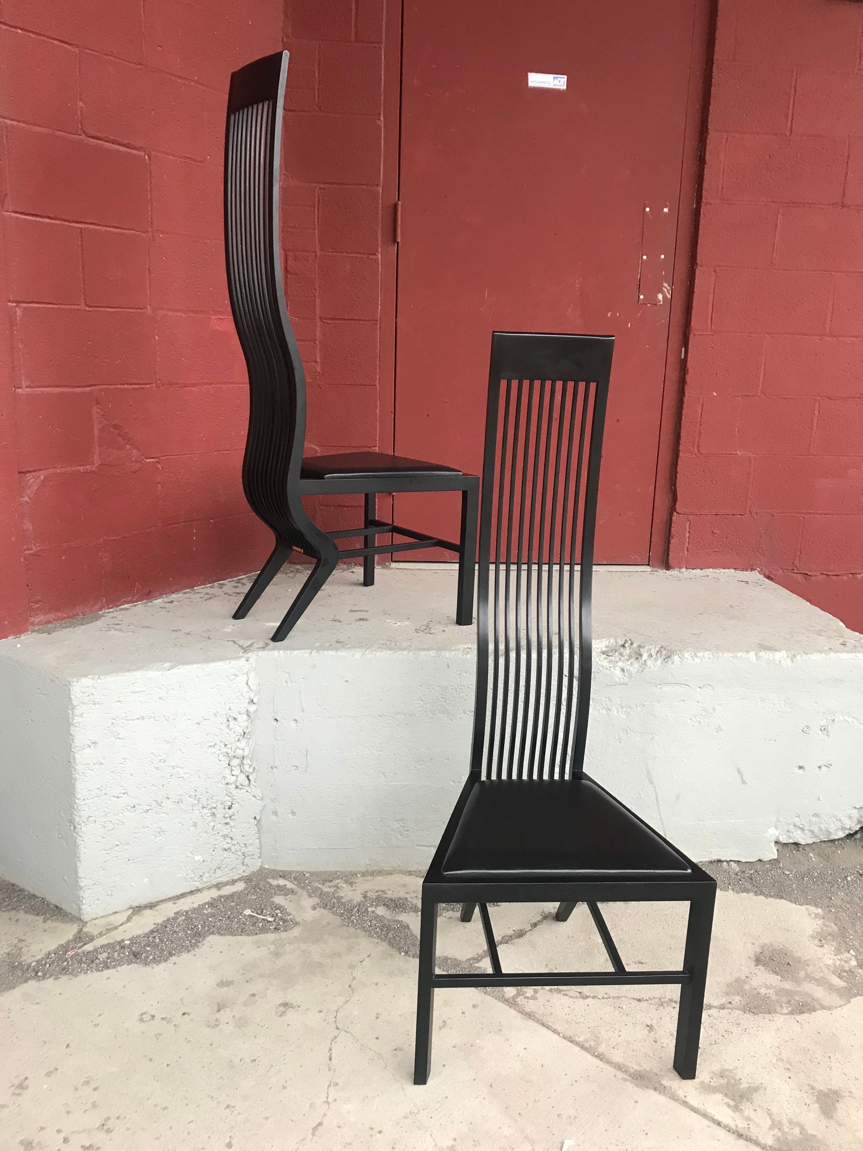 Stunning set 8 modernist black lacquer and leather dining chairs, by Arata Isozaki, Tendo Mekko co. Ltd, contemporary modern, purchased in the early 1980s, all chairs retain original label as well as brass plaque with series number, Very early. Low