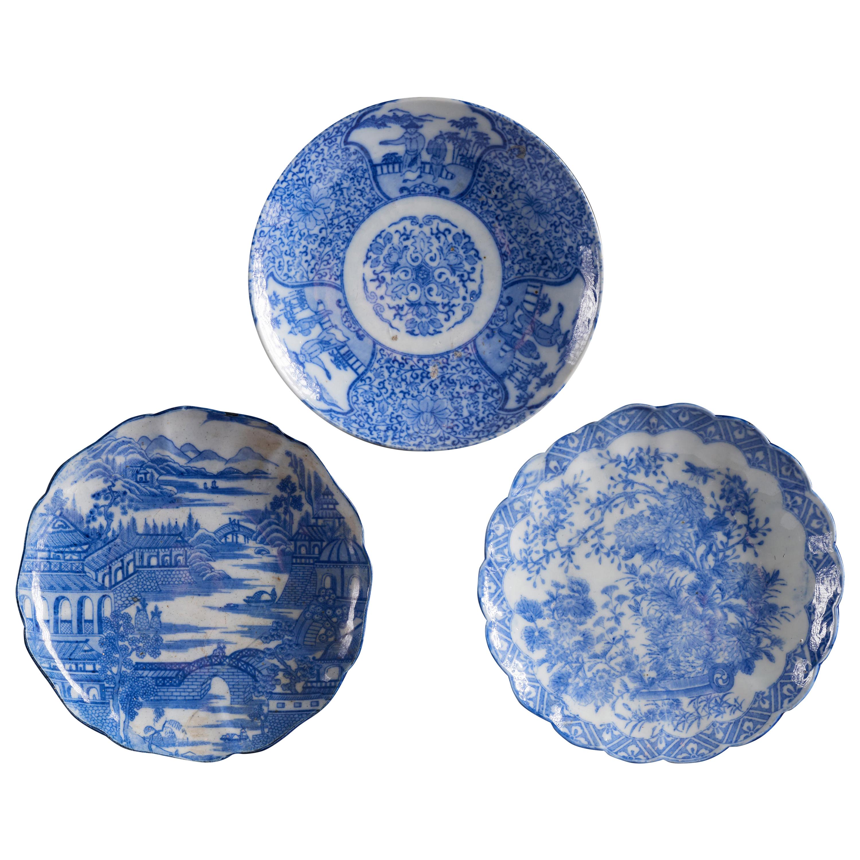 Stunning Set of 3 White Ceramic Plates with Ornate Indigo Blue Designs