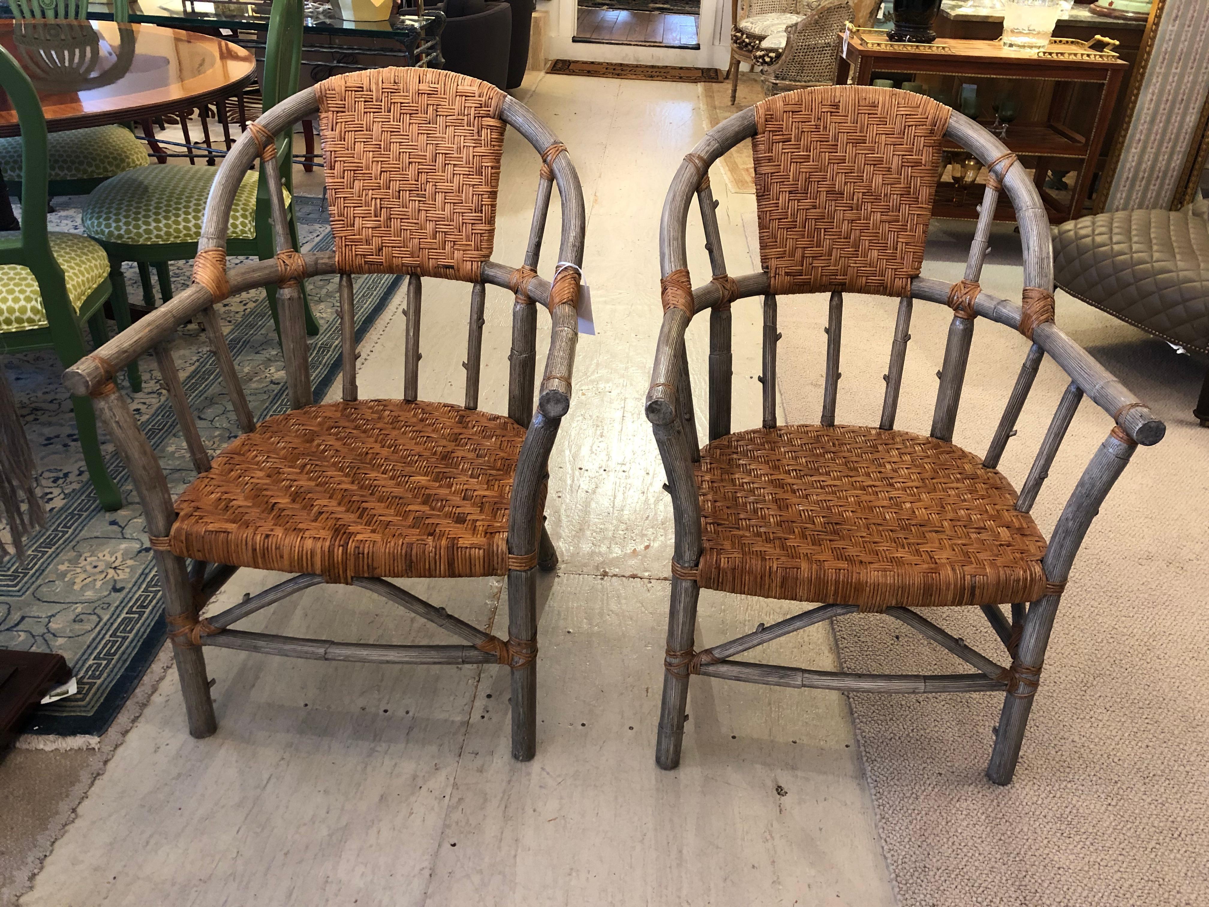 American Stunning Set of 4 Faux Bois and Woven Rattan Captain Style Dining Chairs