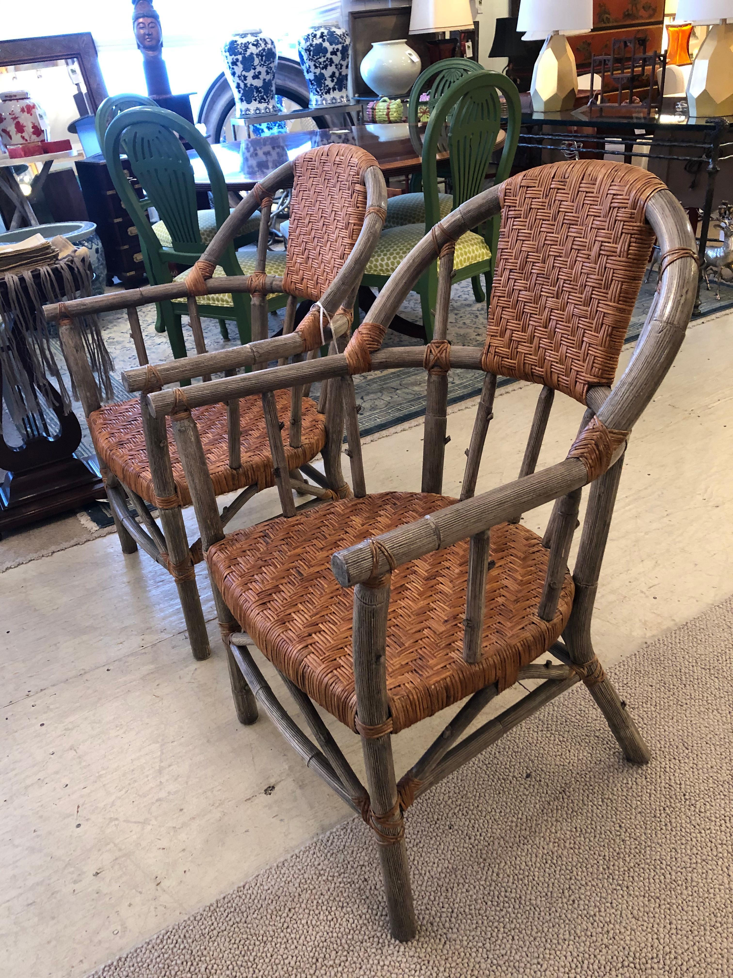 Stunning Set of 4 Faux Bois and Woven Rattan Captain Style Dining Chairs In Good Condition In Hopewell, NJ