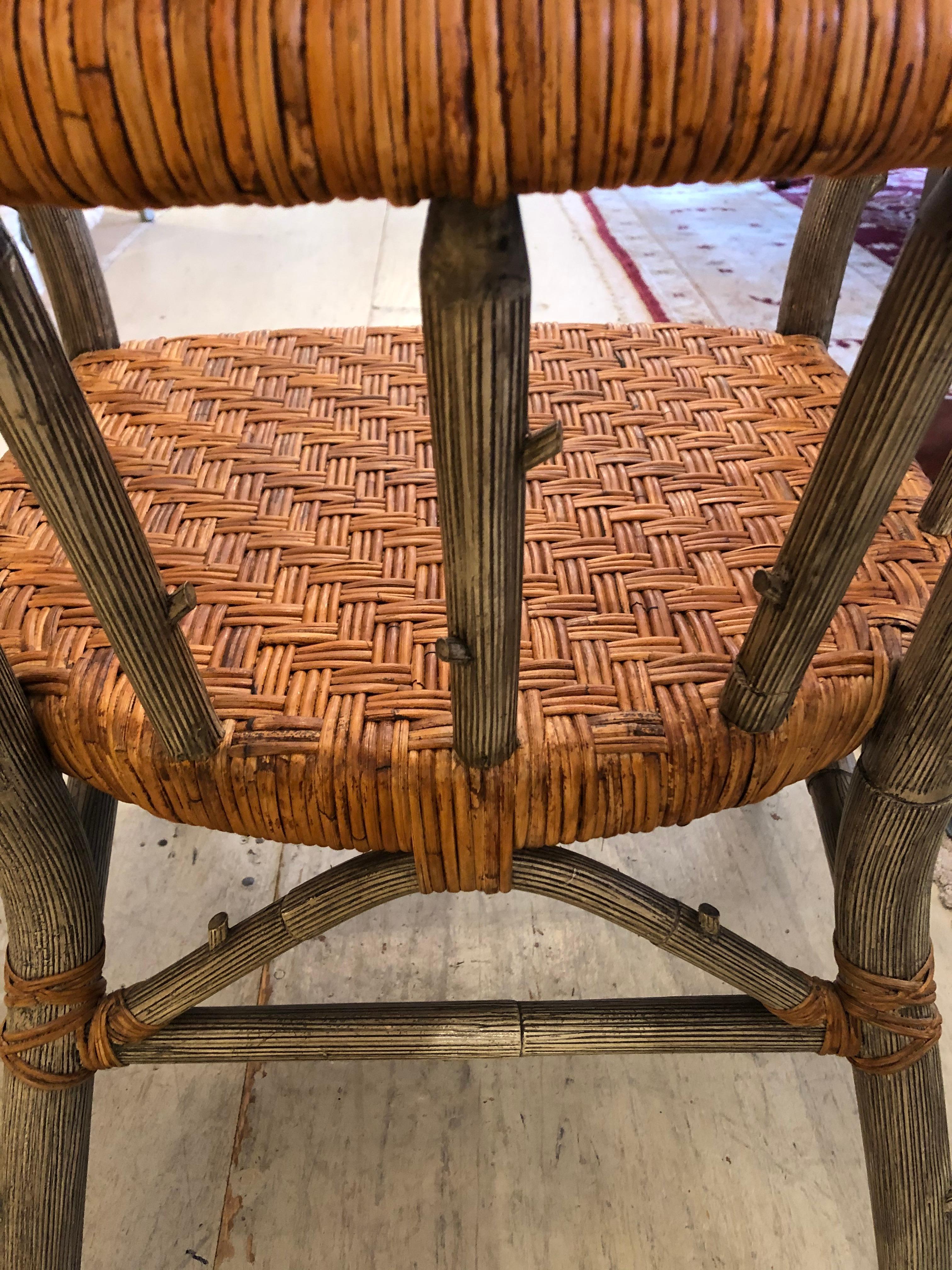 Late 20th Century Stunning Set of 4 Faux Bois and Woven Rattan Captain Style Dining Chairs