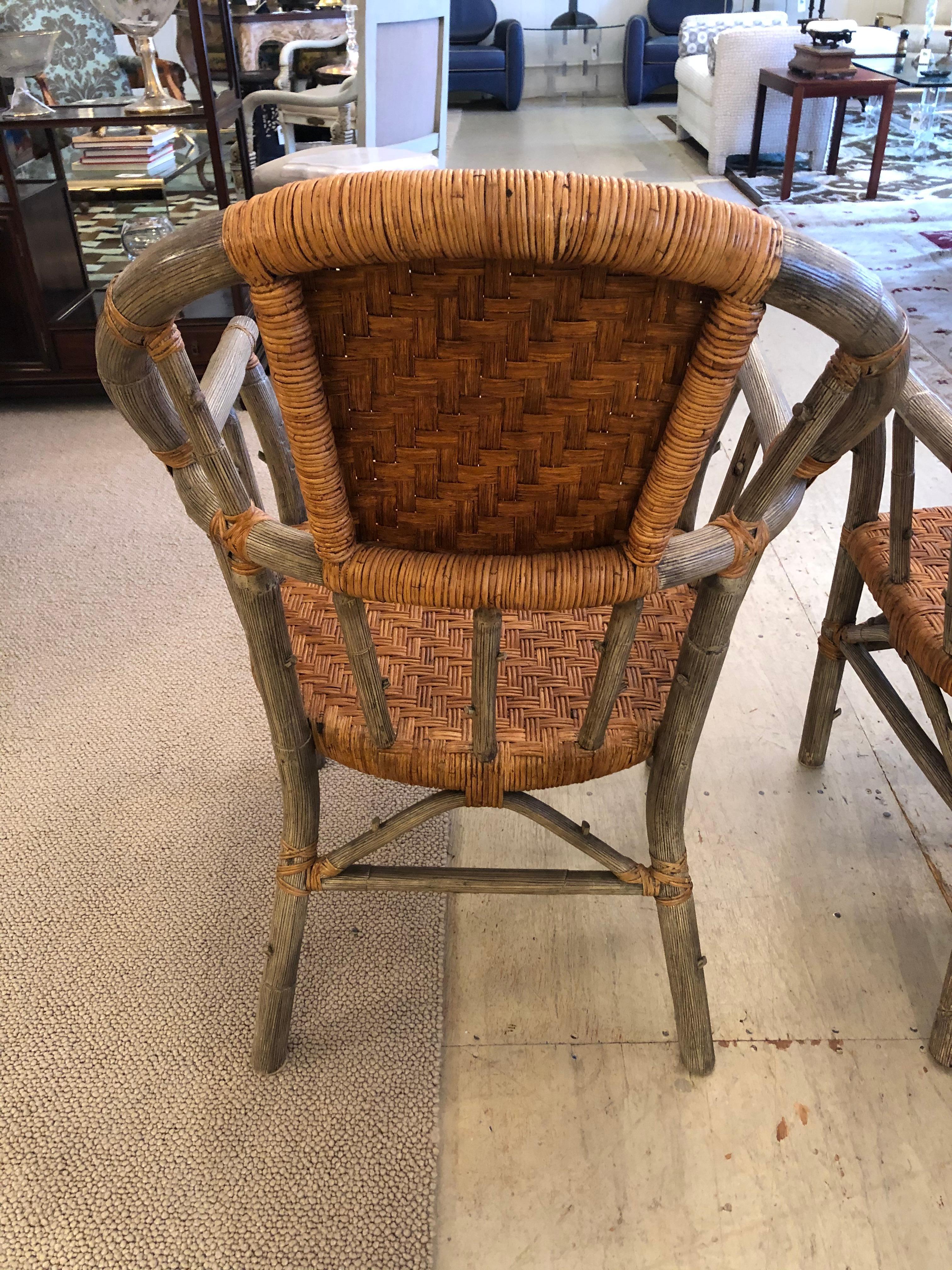 Stunning Set of 4 Faux Bois and Woven Rattan Captain Style Dining Chairs 1