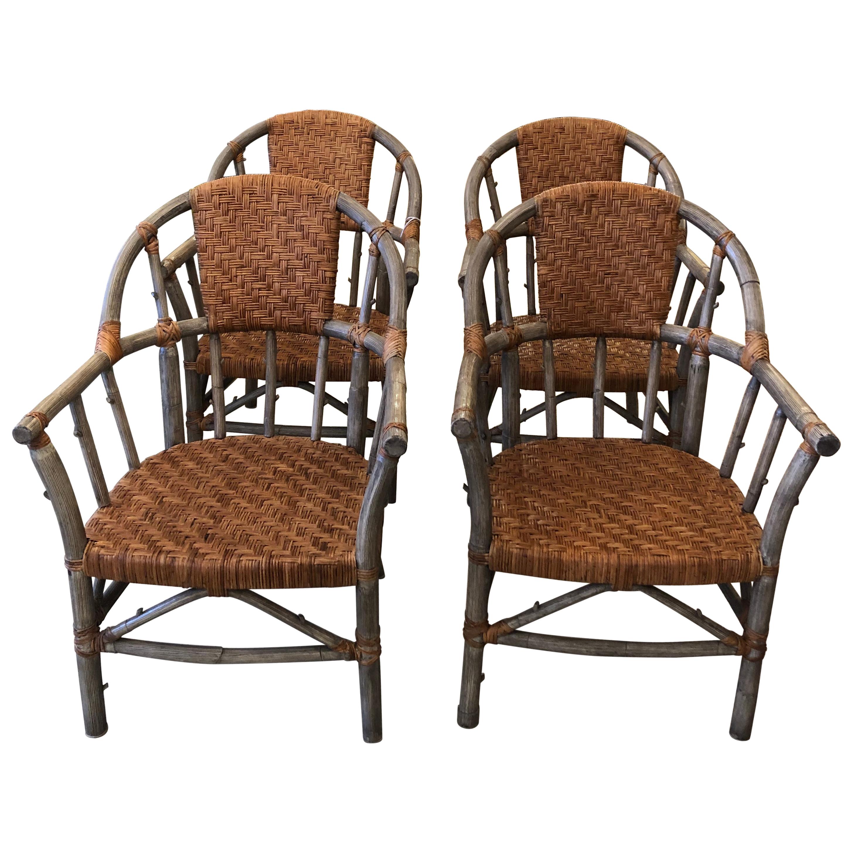 Stunning Set of 4 Faux Bois and Woven Rattan Captain Style Dining Chairs