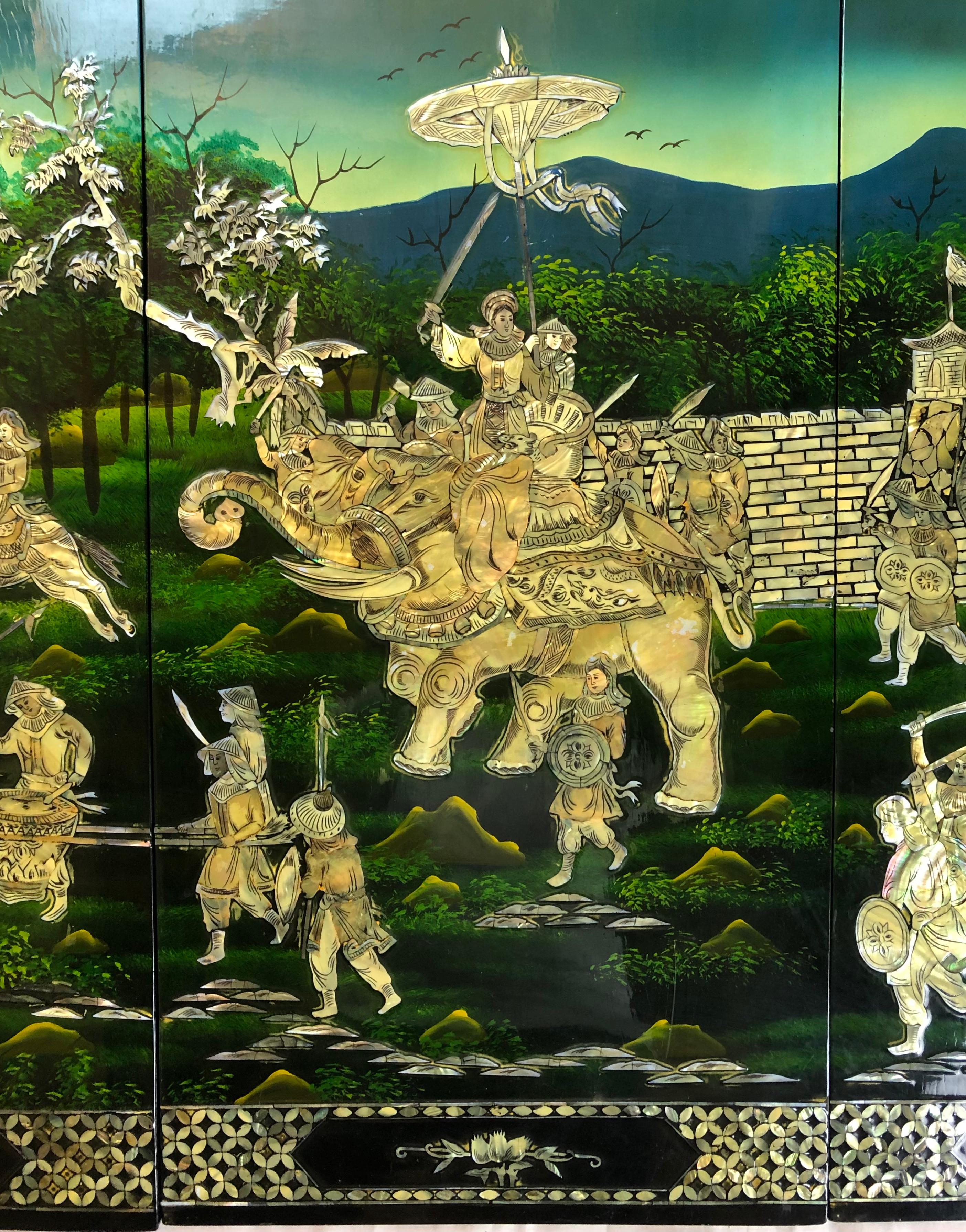 Beautiful set of Asian mother of pearl wall art consist of 4 rectangular vertical panels having meticulous mother of pearl relief against a fabulous black lacquered background. There are parade processions, a pagoda, birds, trees and mountains in