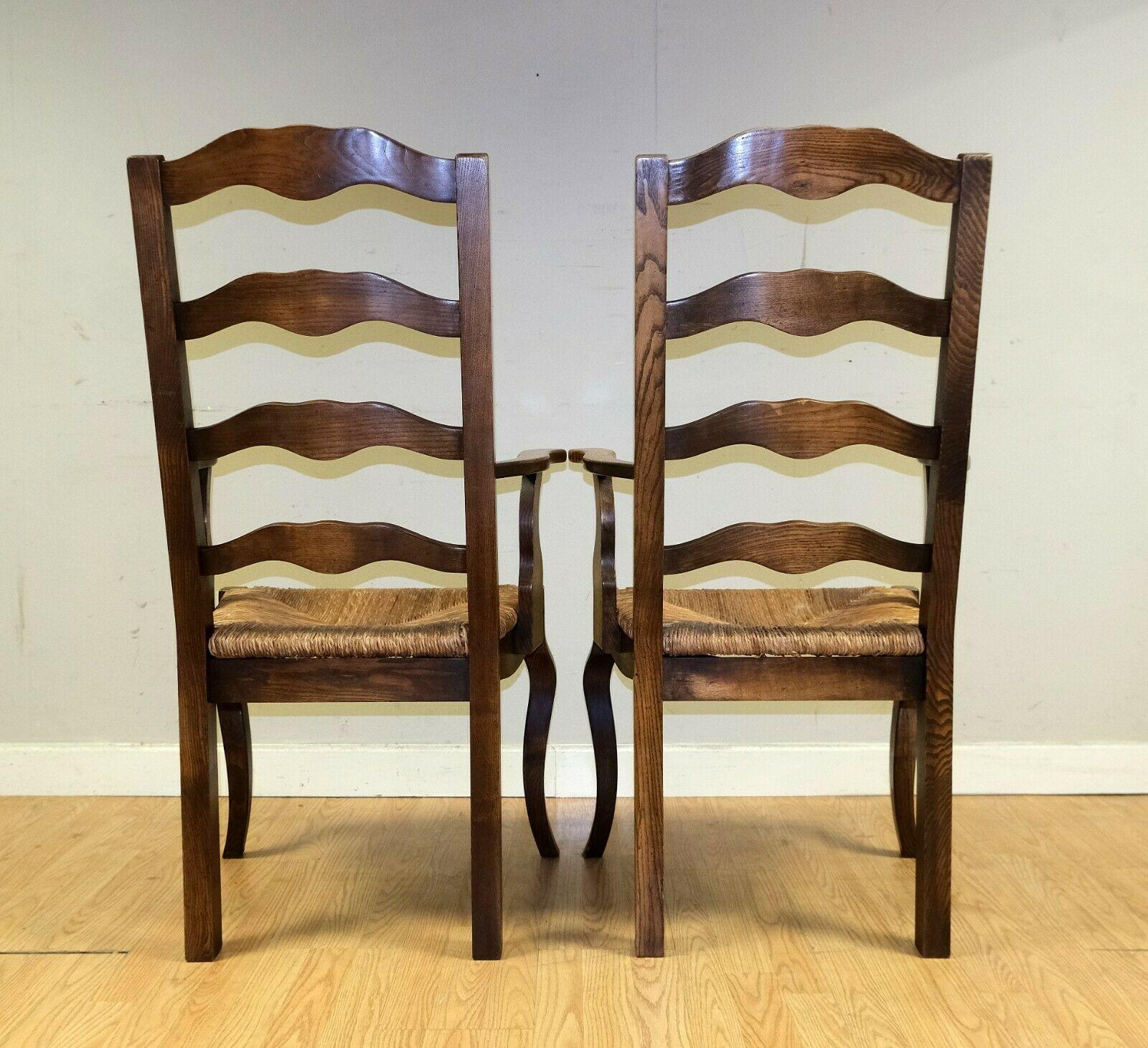 Stunning Set of 6 French Elm Wood Dining Chairs on Rush Seats with Two Carvers 4