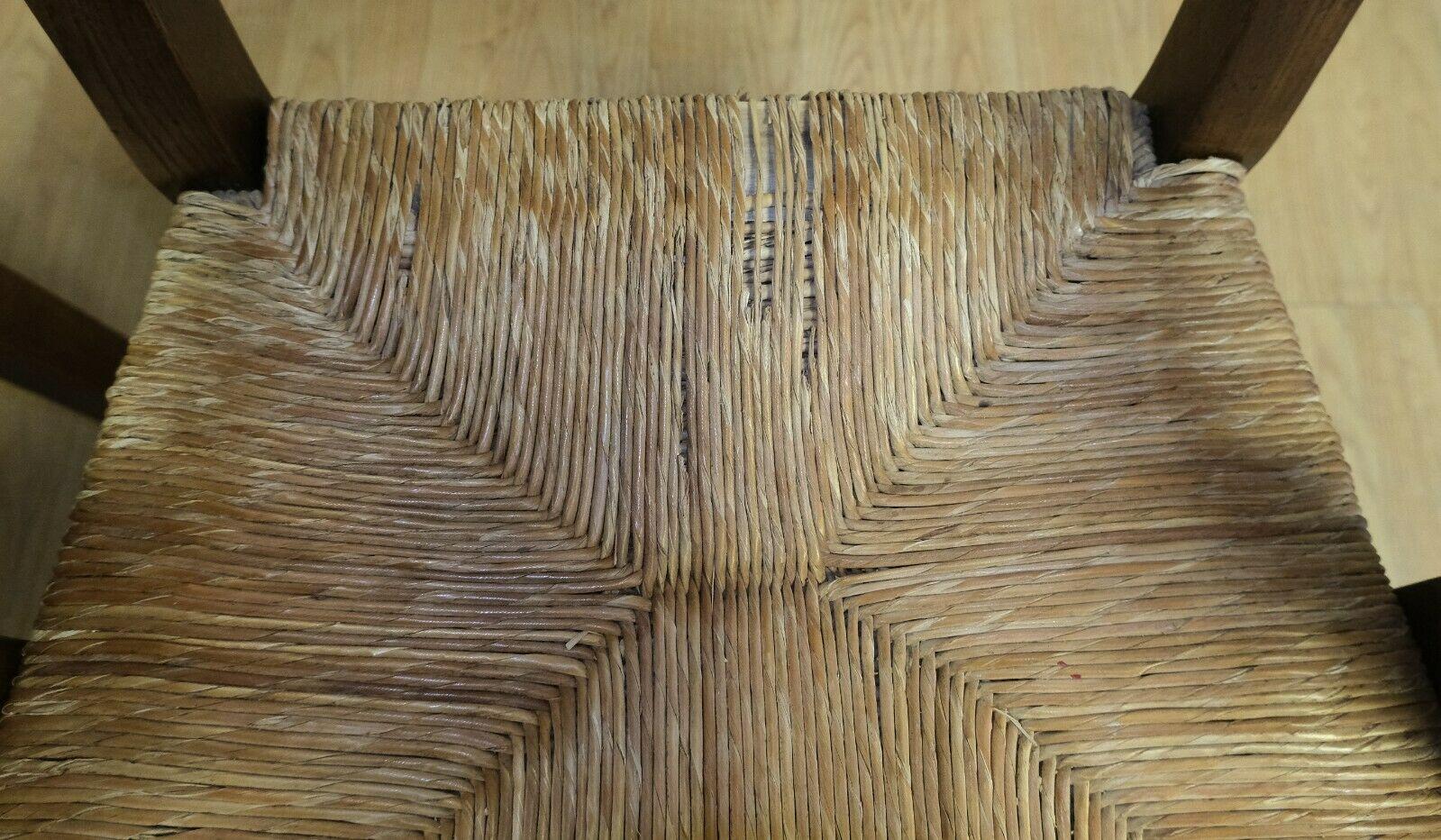 Stunning Set of 6 French Elm Wood Dining Chairs on Rush Seats with Two Carvers 5