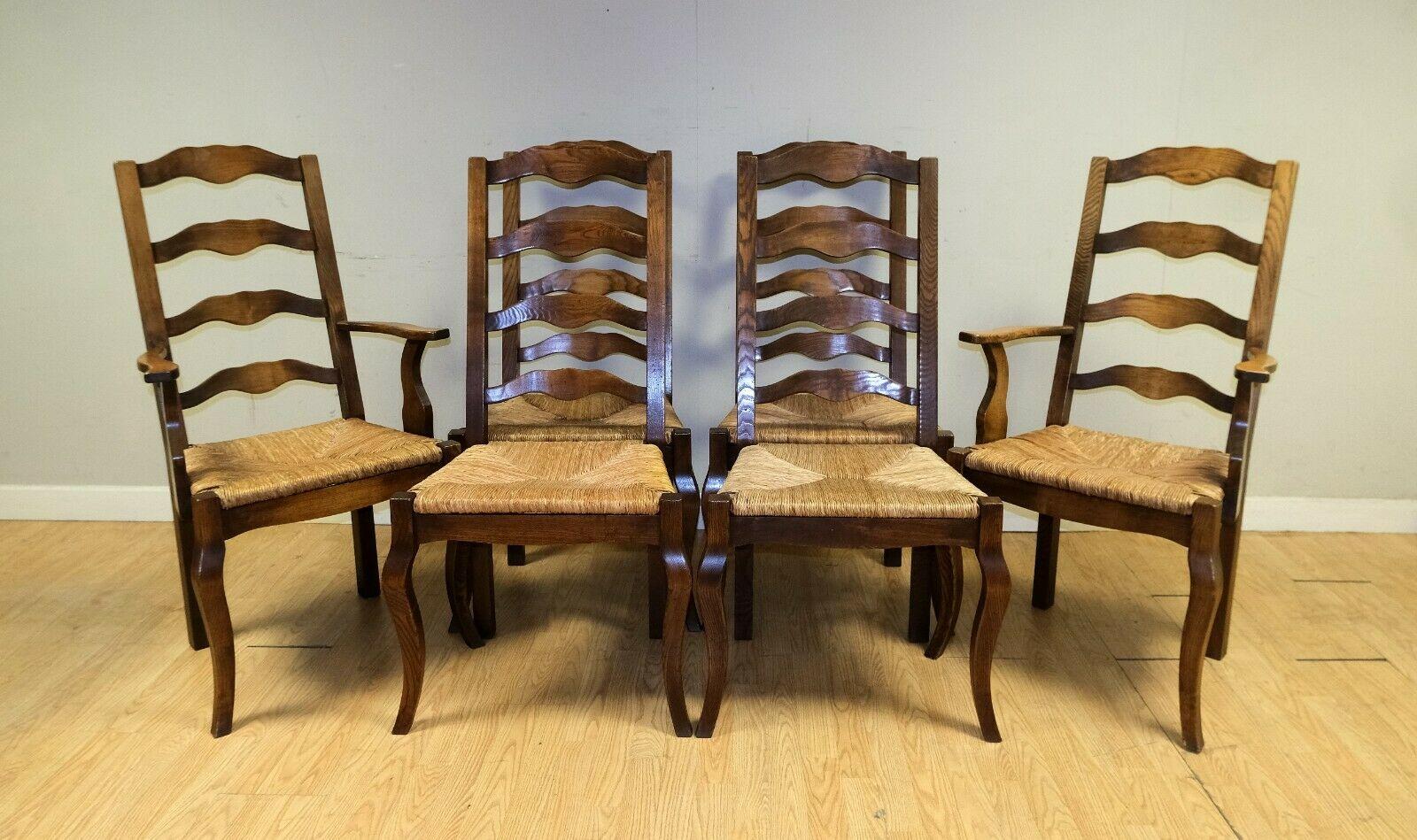 Stunning Set of 6 French Elm Wood Dining Chairs on Rush Seats with Two Carvers 6