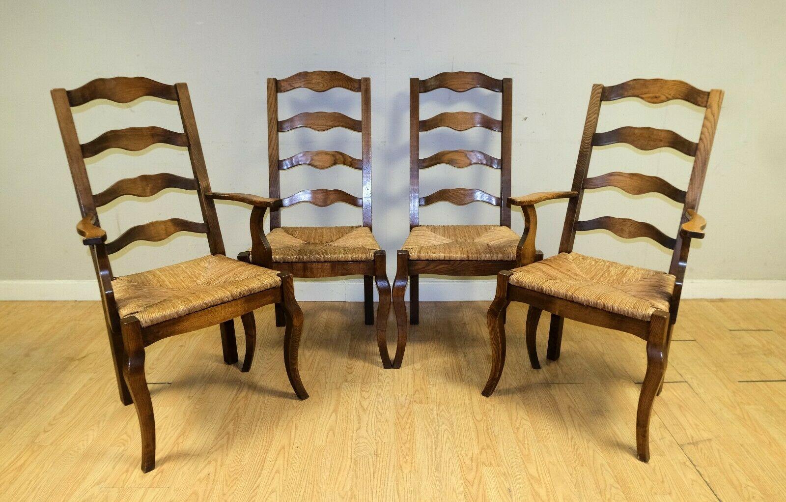 Country Stunning Set of 6 French Elm Wood Dining Chairs on Rush Seats with Two Carvers