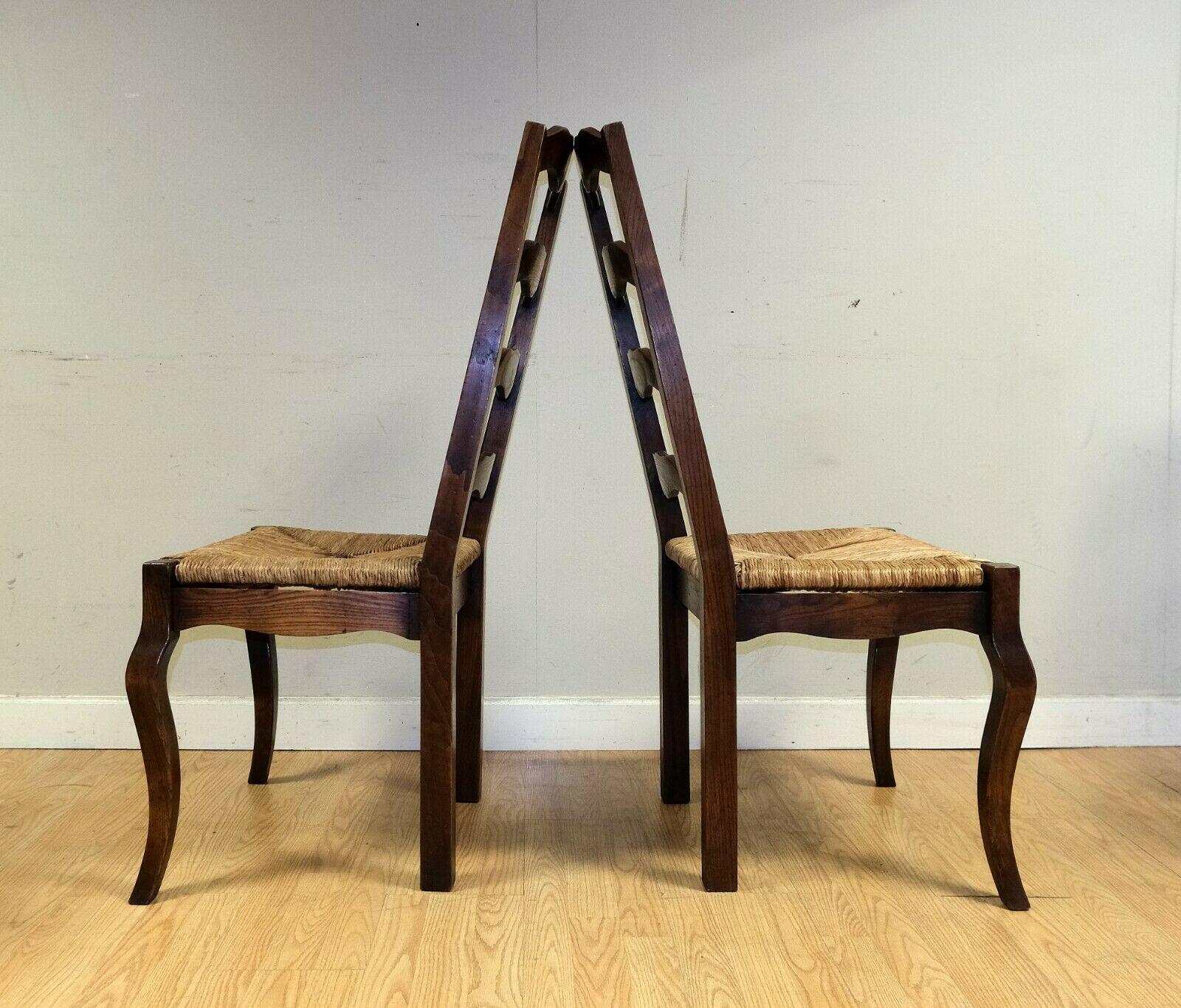 Hand-Crafted Stunning Set of 6 French Elm Wood Dining Chairs on Rush Seats with Two Carvers