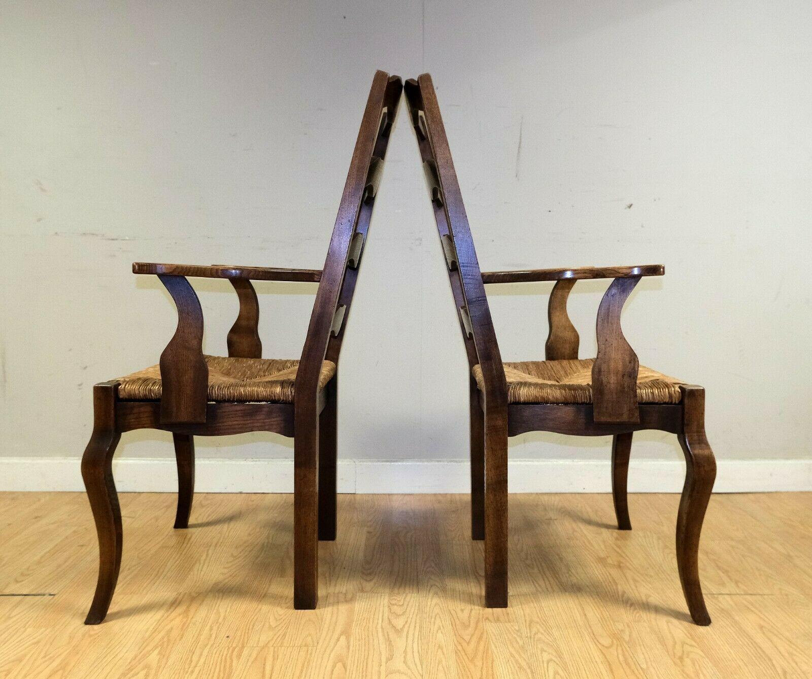 Stunning Set of 6 French Elm Wood Dining Chairs on Rush Seats with Two Carvers 1