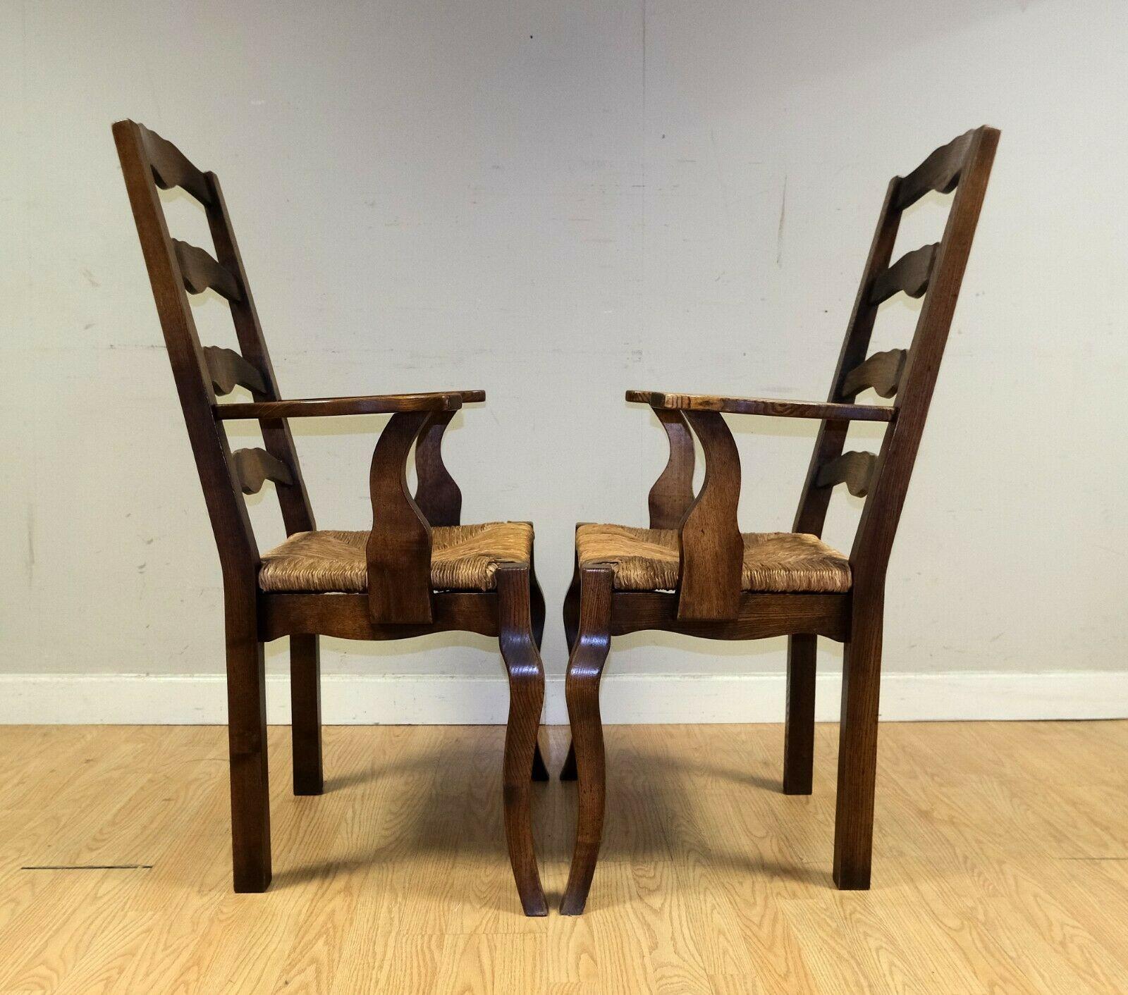 Stunning Set of 6 French Elm Wood Dining Chairs on Rush Seats with Two Carvers 2