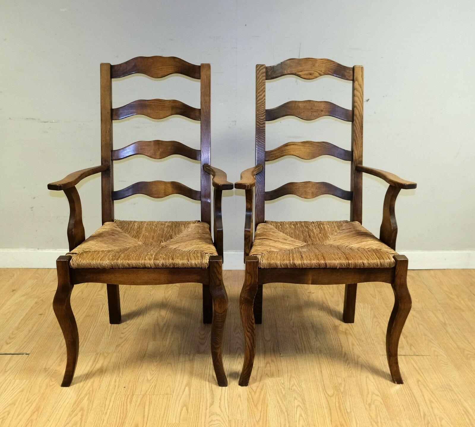Stunning Set of 6 French Elm Wood Dining Chairs on Rush Seats with Two Carvers 3