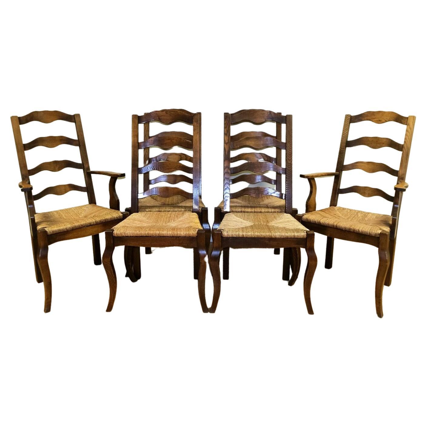 Stunning Set of 6 French Elm Wood Dining Chairs on Rush Seats with Two Carvers