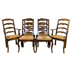 Stunning Set of 6 French Elm Wood Dining Chairs on Rush Seats with Two Carvers