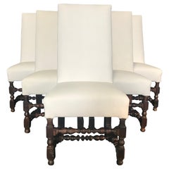 Stunning Set of 6 Louis XIII Carved Walnut and Upholstered Dining Chairs