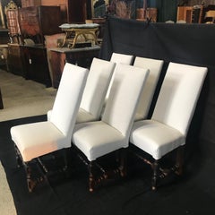 Stunning Set of 6 Louis XIII Carved Walnut and Upholstered Dining Chairs