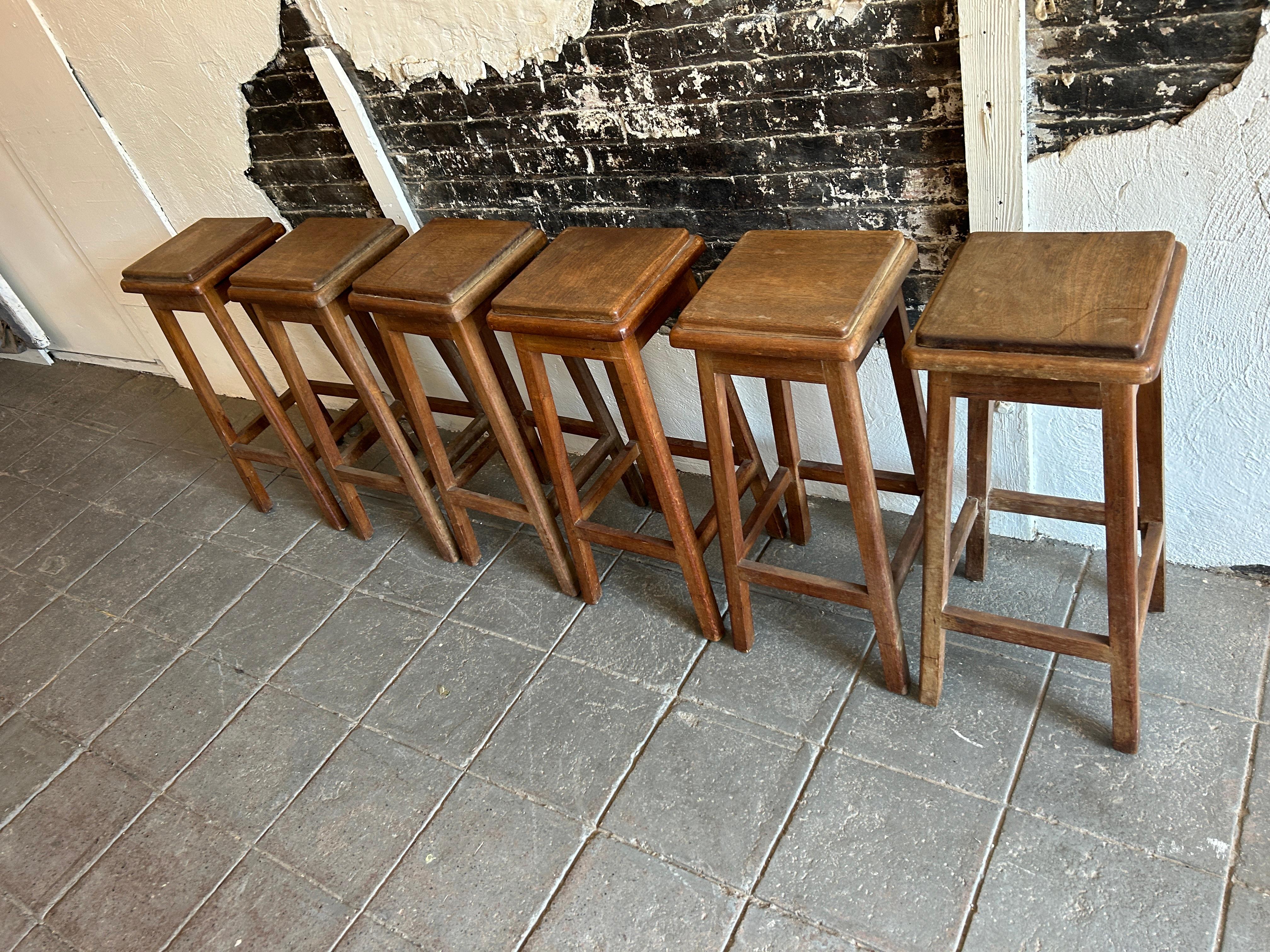 Stunning Set of 6 Mid-Century Modern studio Craft Simple solid walnut Square bar stools. Stools are all Matching show signs of use and patina, all stools are Super solid and Sturdy. Great matching set of 6 Stools. Made in the USA circa 1950. Located