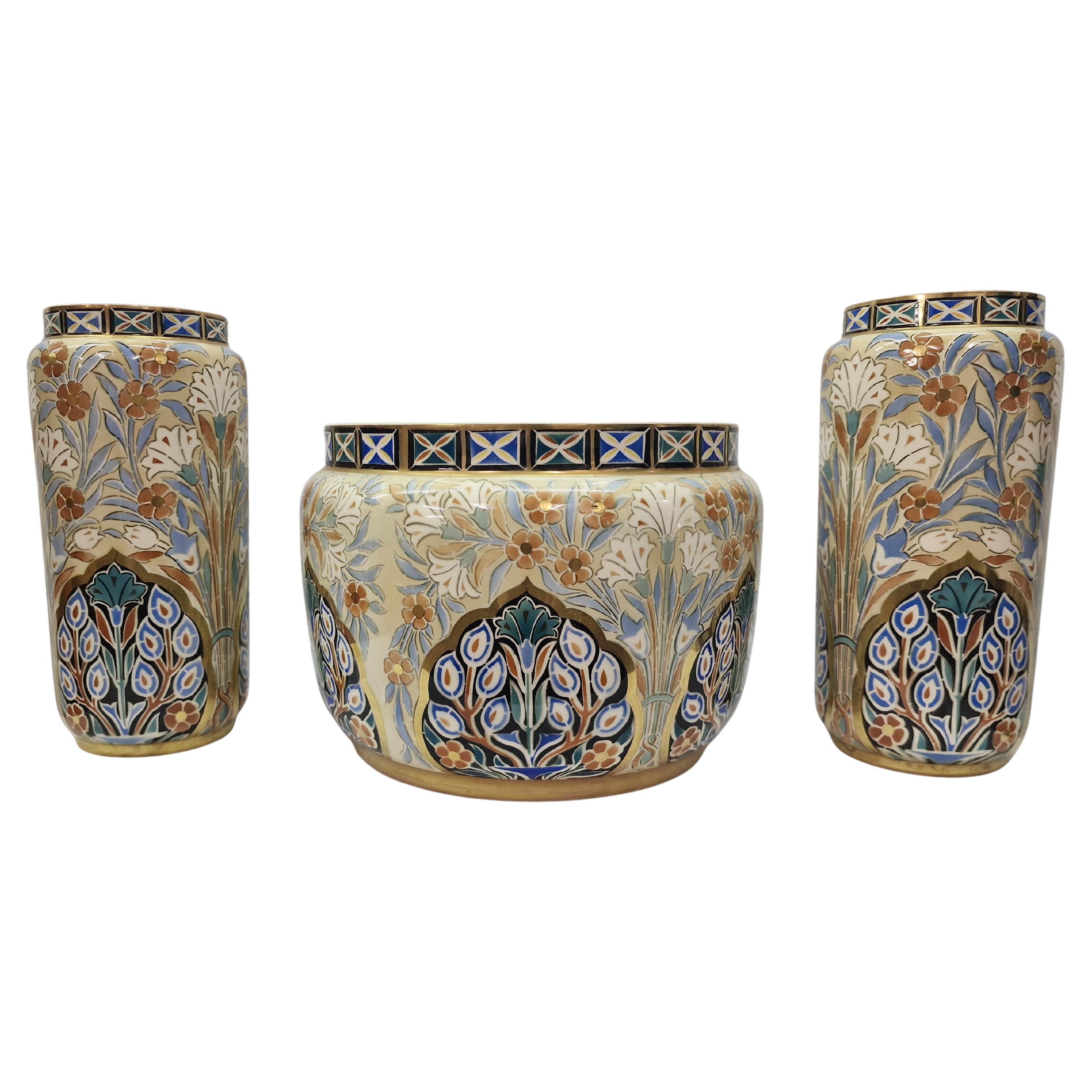 Splendido set di una fioriera e due vasi, Keller & Guérin Luneville 1900, Francia