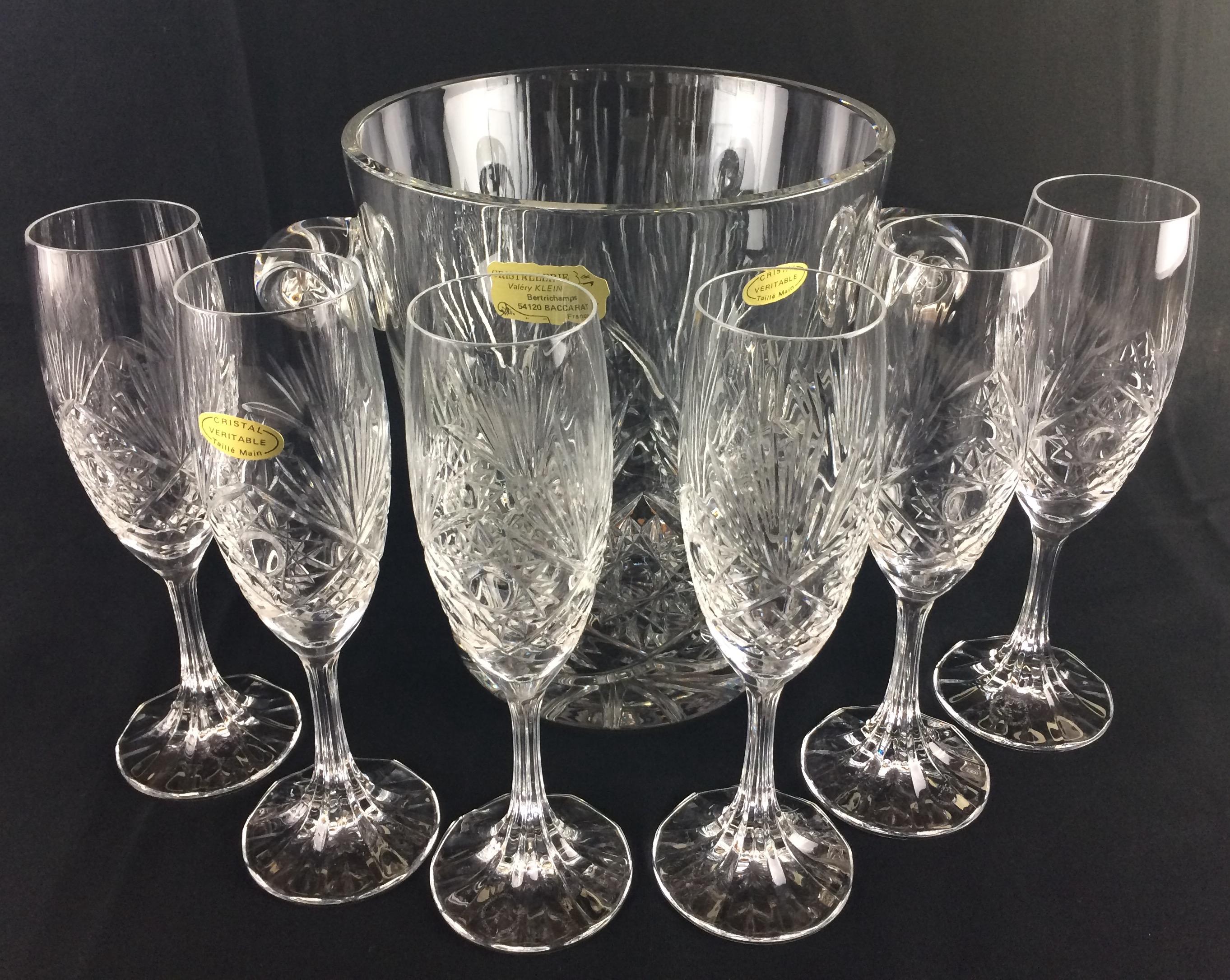 Stunning Set of Baccarat Crystal Wine, Water Glasses, Champagne Flutes & Bucket In Excellent Condition In Miami, FL