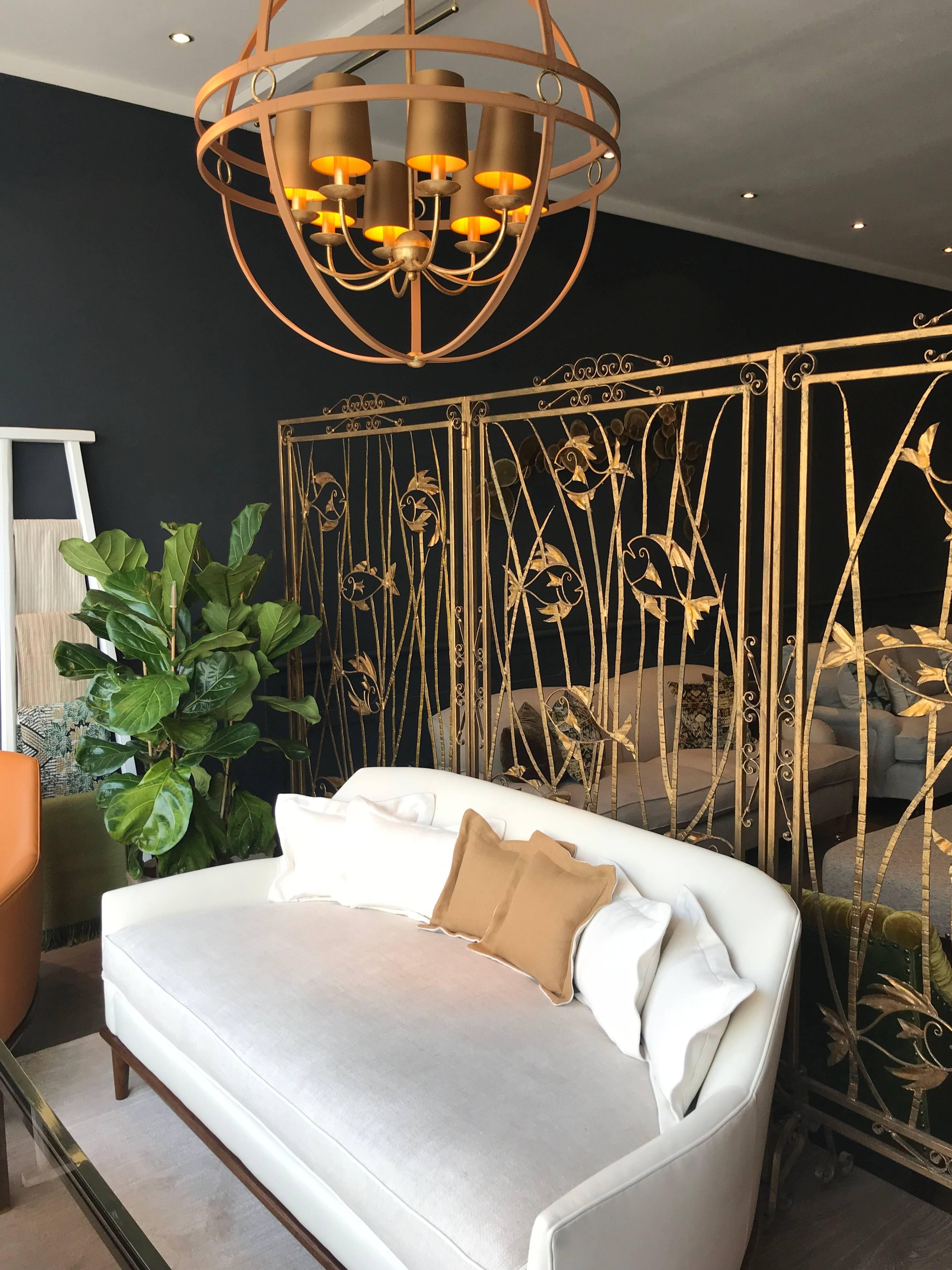 A set of five 1950s French gilt metal screen room dividers each with differing aquatic, underwater fish designs. They all free stand on removable legs or can be joined together with the hinge brackets on each to create a 5m room divider.
Beautiful