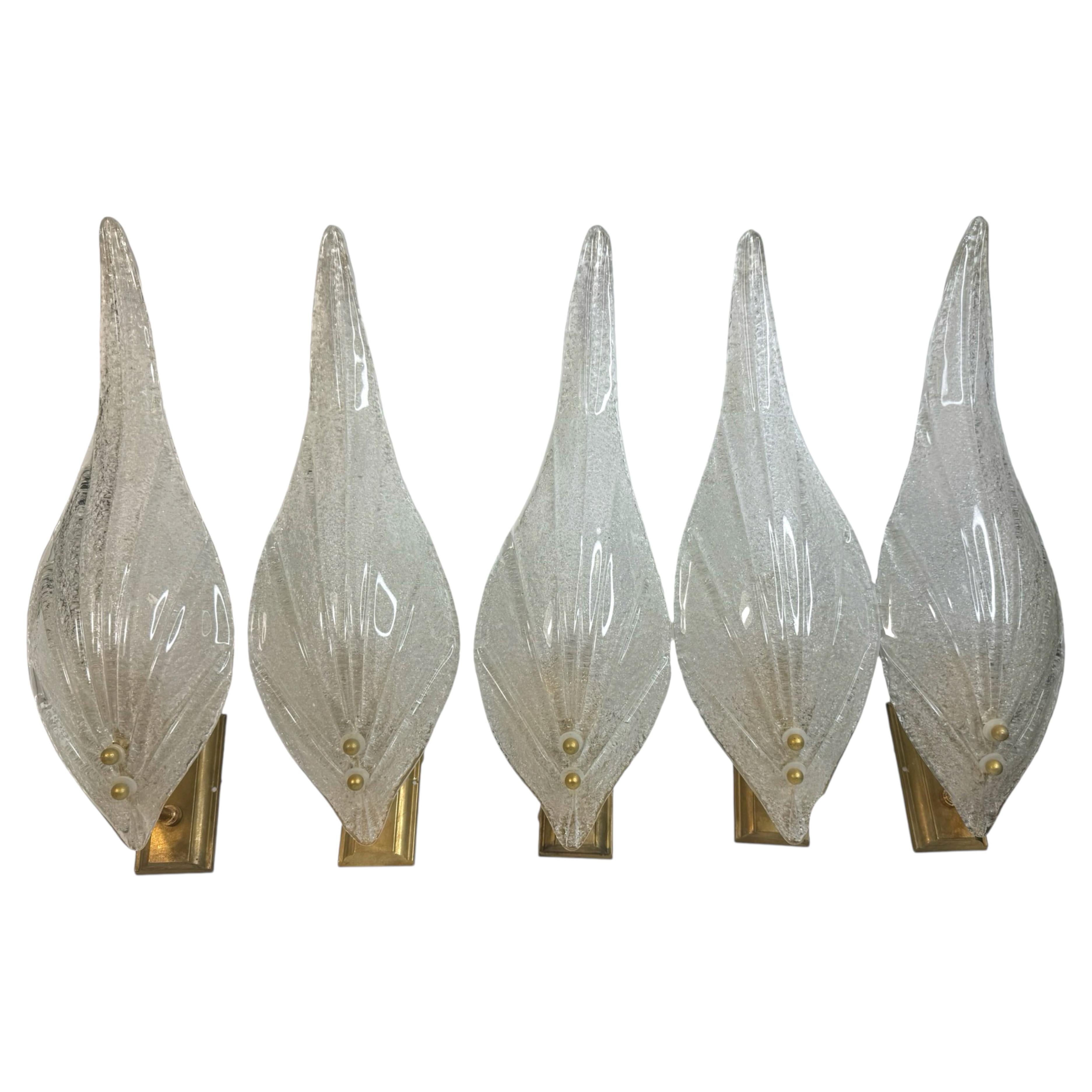 Impresionante juego de cinco apliques de hojas de cristal de Murano Graniglia de mediados de siglo italia años 70
