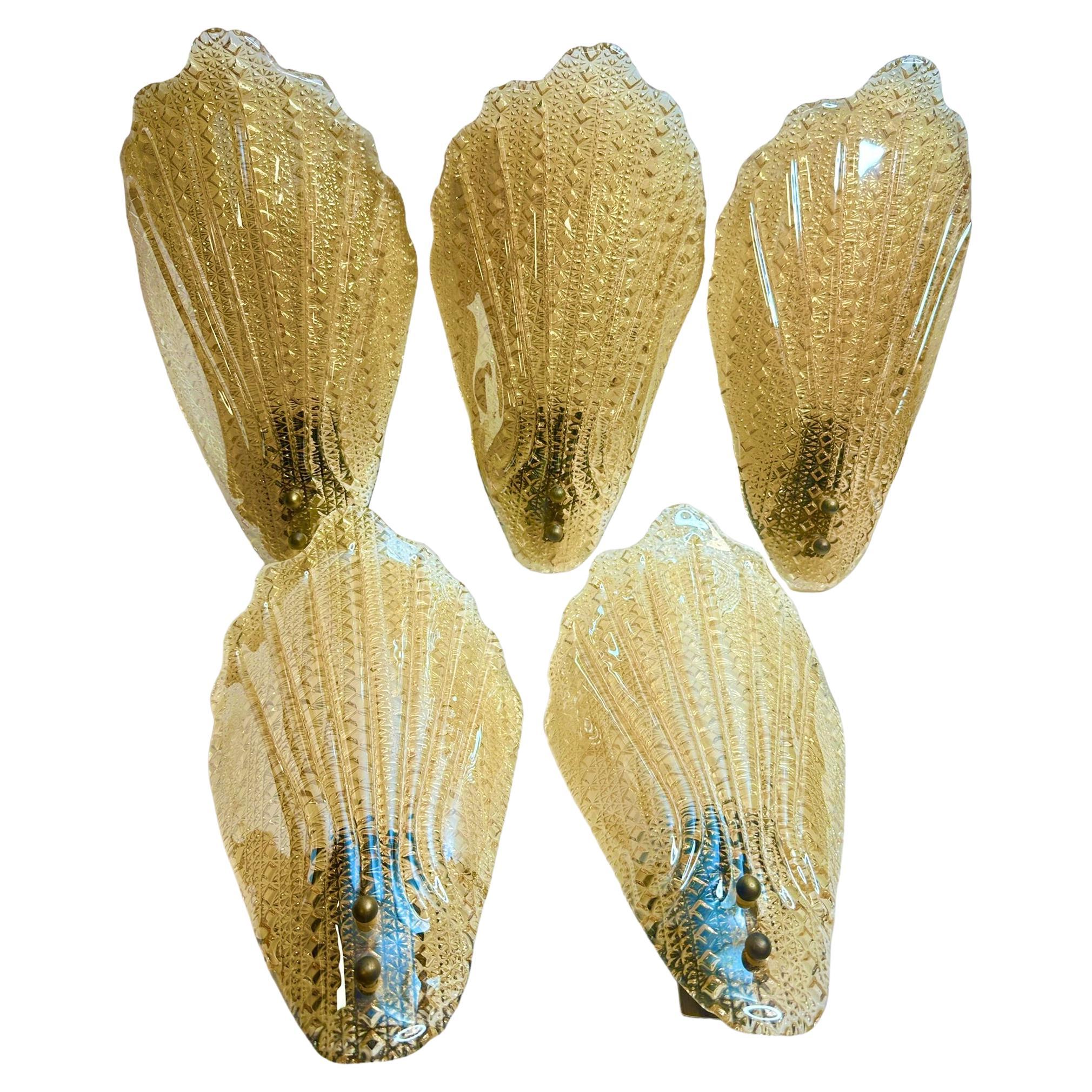 Stunning Set of Five Murano Glass Leaf Sconces by Barovier and Toso, Italy For Sale