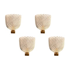Stunning Set of Four 1940s Barovier & Toso Glass and Brass Wall Sconces