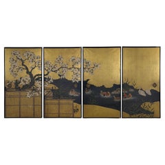 Stunning Set of Four 19th Century Edo Period Fusuma Door Decorative Panels