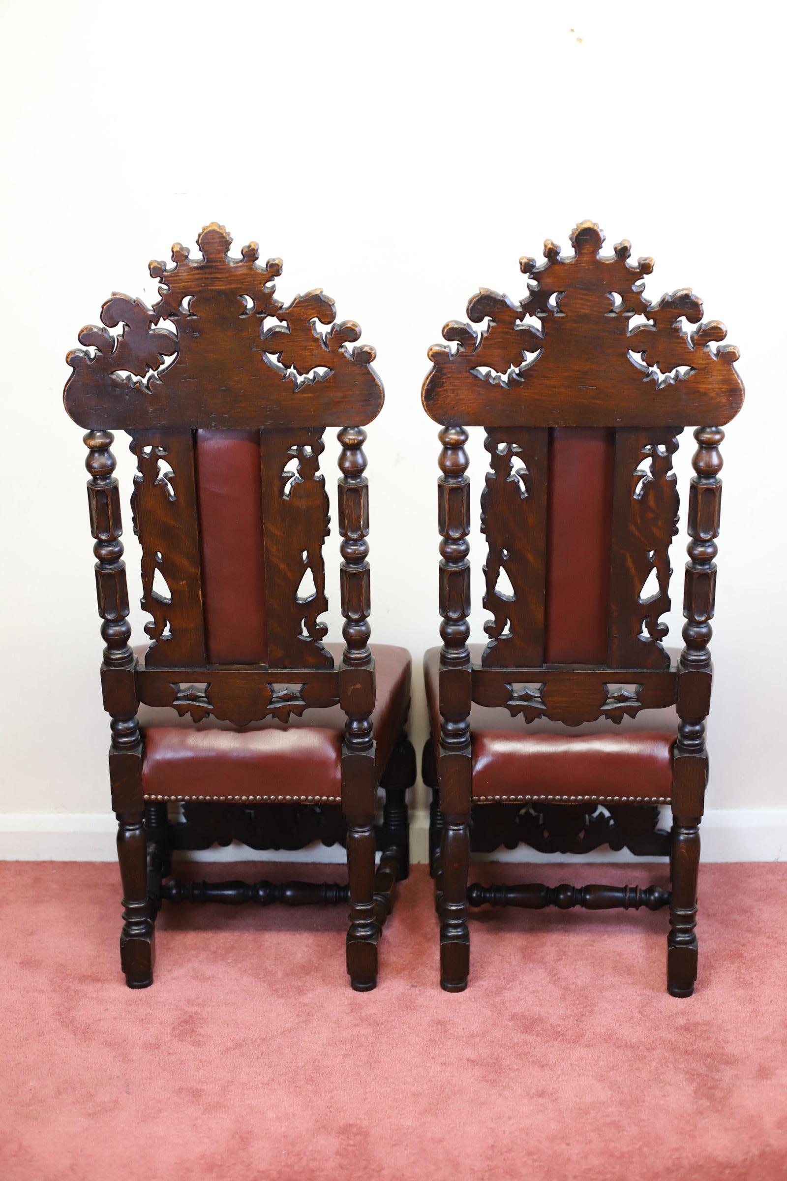Stunning Set Of Four Victorian Heavily Carved Oak Dining Chairs For Sale 6
