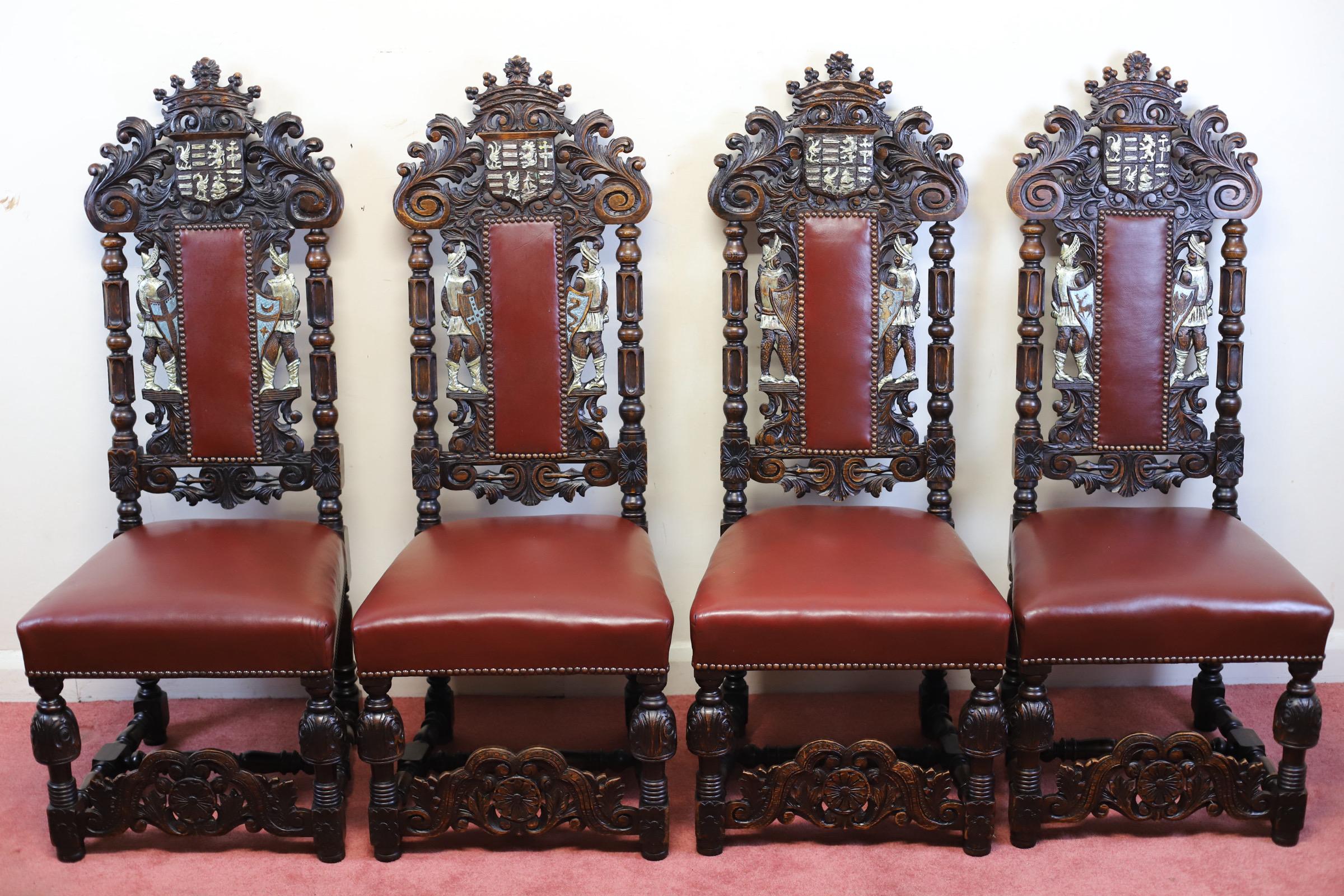 WE DELIGHT TO OFFER FOR SALE THIS STUNNING SET OF 4 OAK FRAMED DINING CHAIRS WITH HEAVILY CARVED DETAIL BEARING CREST AND TWO KNIGHTS, LEATHER UPHOLSTERED SEATS AND STRETCHER SUPPORTS. CIRCA 1880 .
Don't hesitate to contact me if you have any