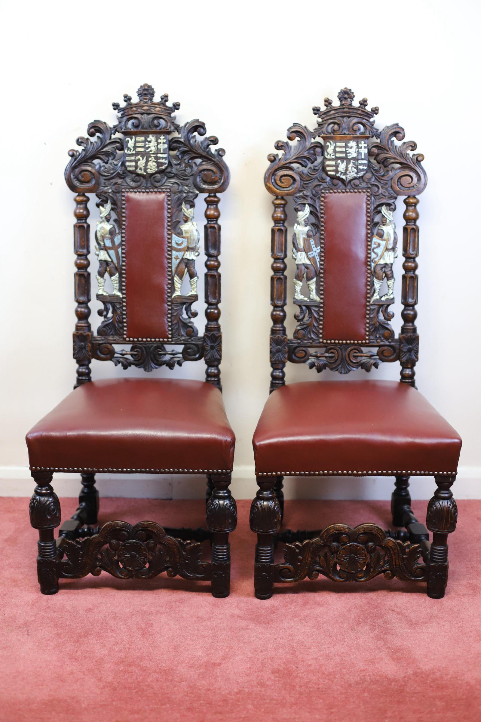 British Stunning Set Of Four Victorian Heavily Carved Oak Dining Chairs For Sale