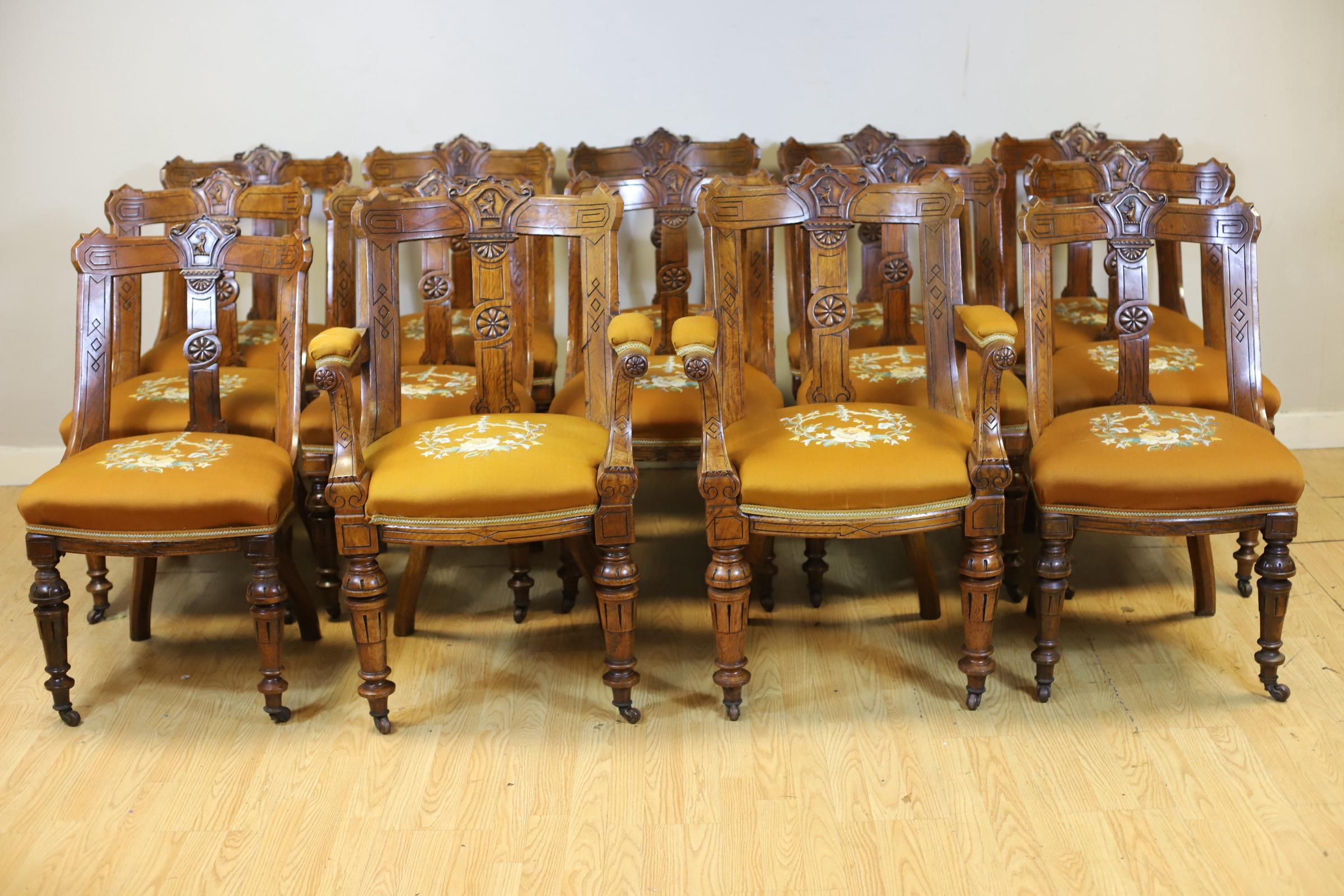 British Stunning Set Of Fourteen Victorian Pollard Oak Dinning Chairs For Sale