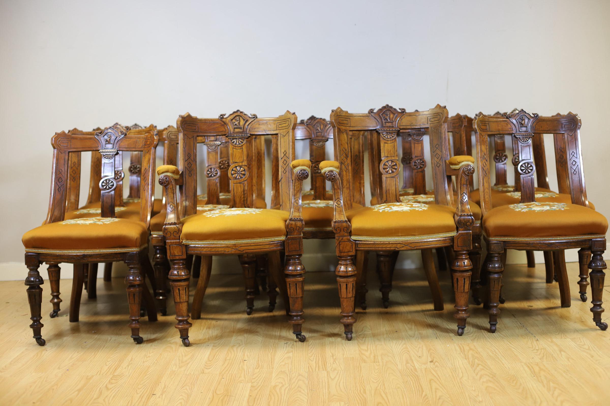 Hand-Carved Stunning Set Of Fourteen Victorian Pollard Oak Dinning Chairs For Sale