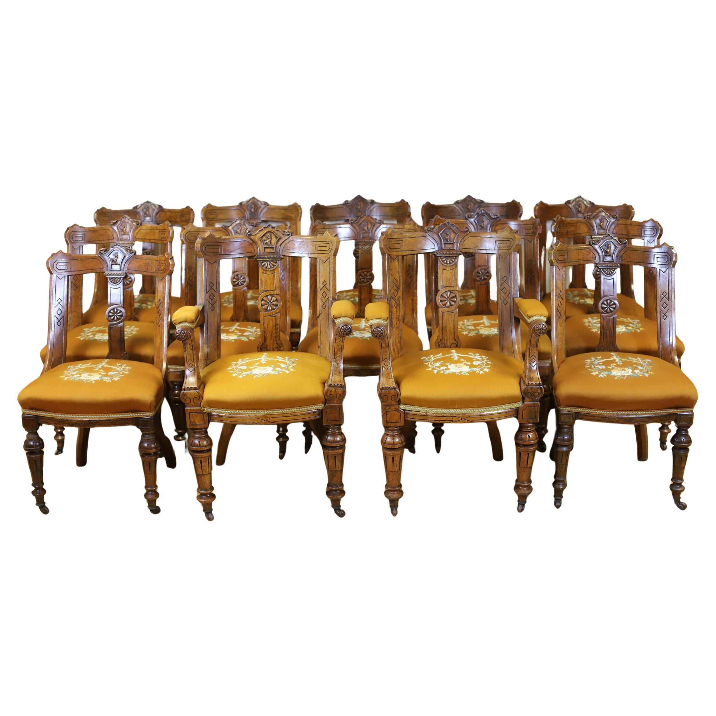 Stunning Set Of Fourteen Victorian Pollard Oak Dinning Chairs For Sale
