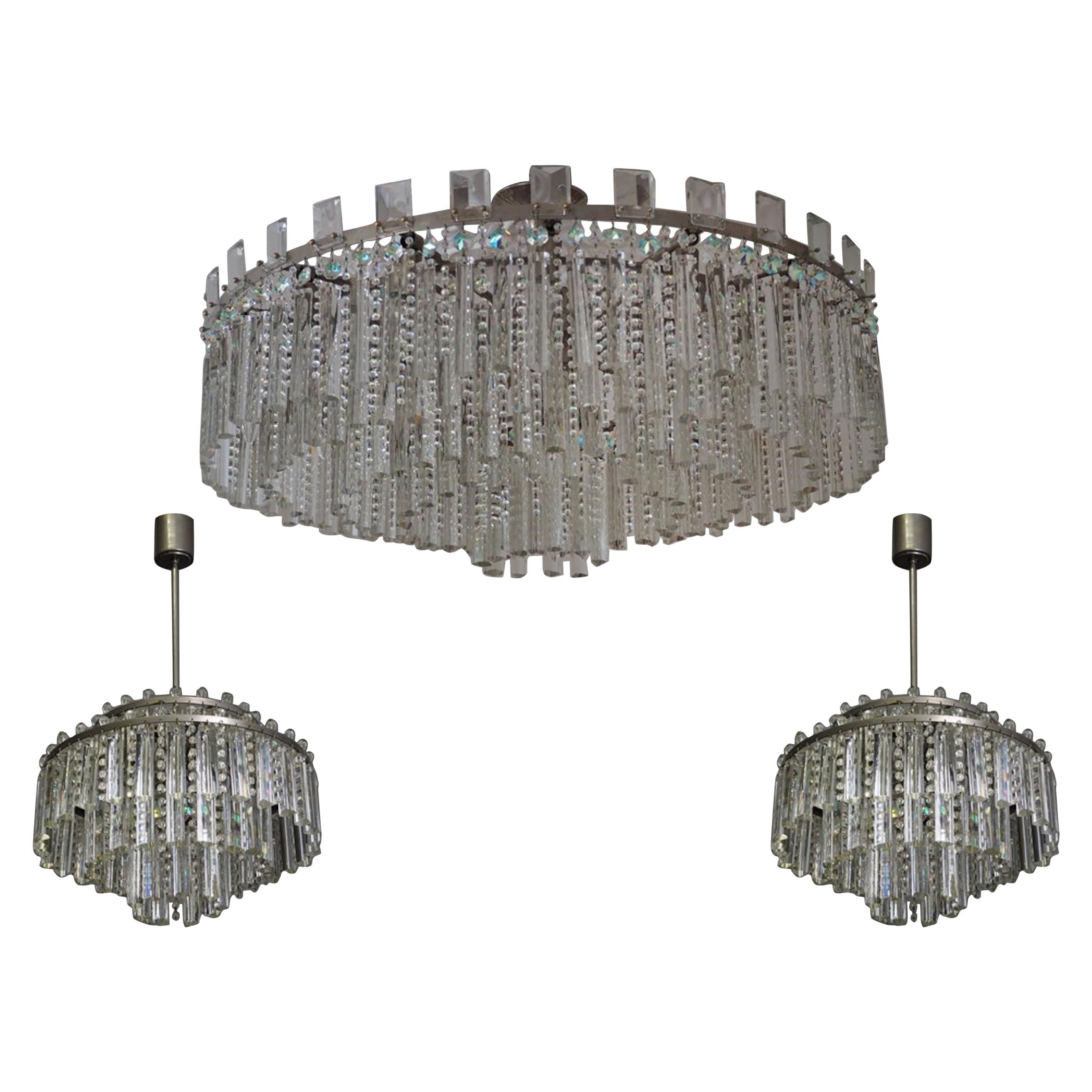 Stunning Set of Haevy Cut Glass and Nickel Chandeliers by Palwa, circa 1960s For Sale